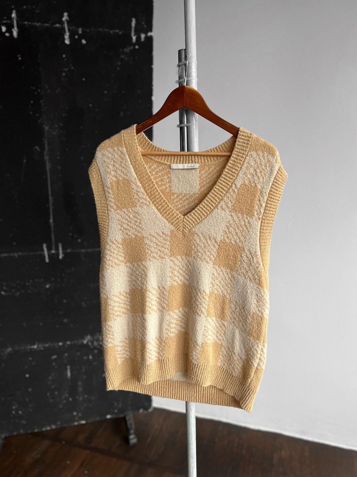 Designer Oui Womens Premium V-Neck Checked Knitted Vest Sweater Size L / US 10 / IT 46 - 5 Thumbnail
