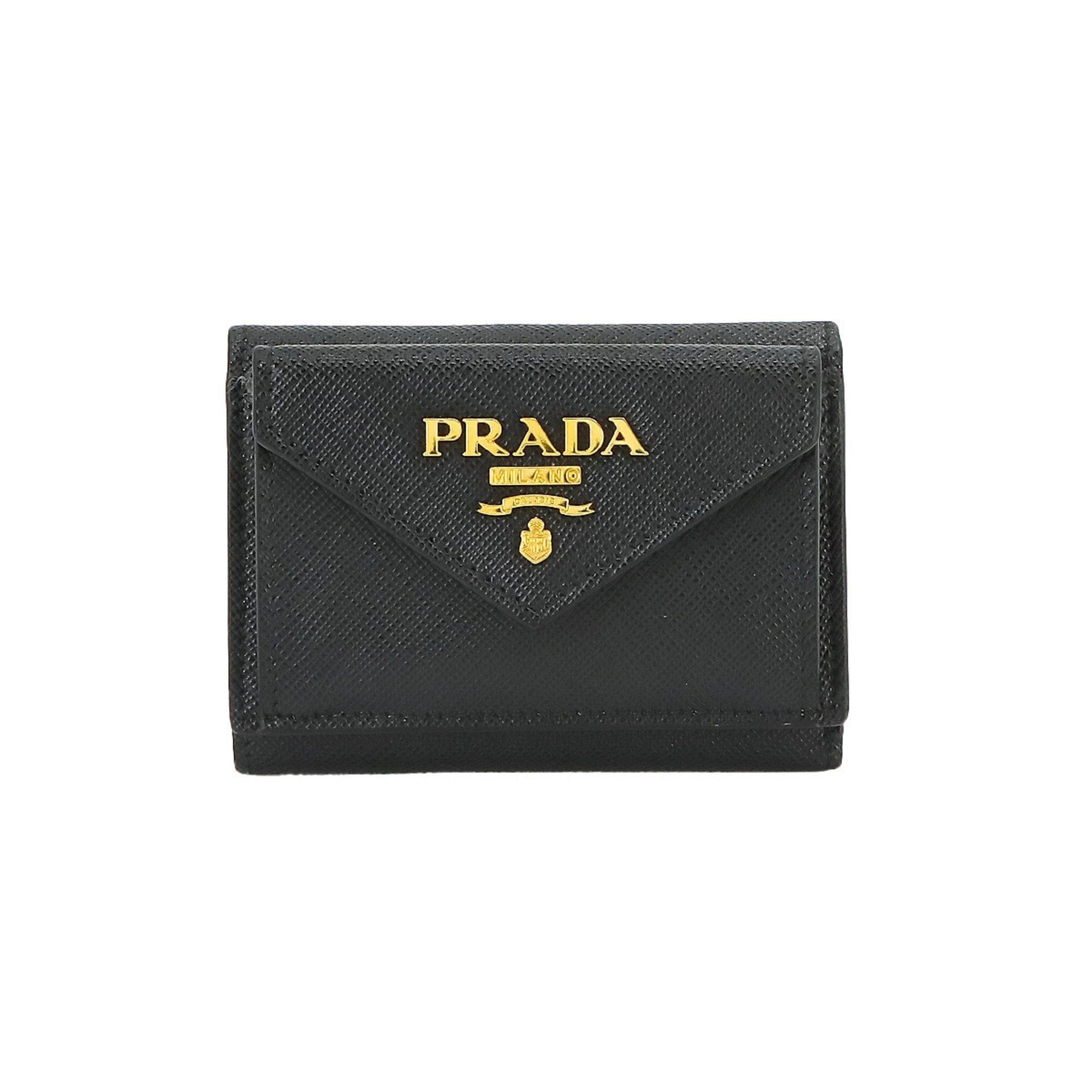 image of Prada Tri-Fold Wallet Saffiano Leather Black Pink 1Mh021 Gold Hardware, Women's
