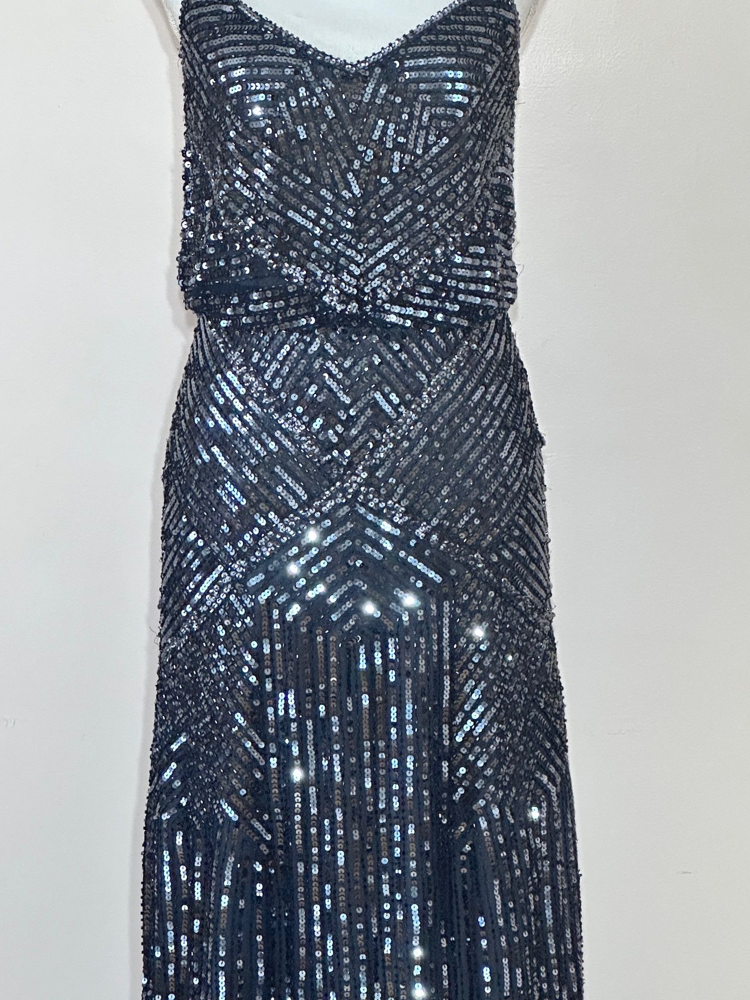 Adrianna Papell Art Deco Black Sequin Mesh Blouson Gown