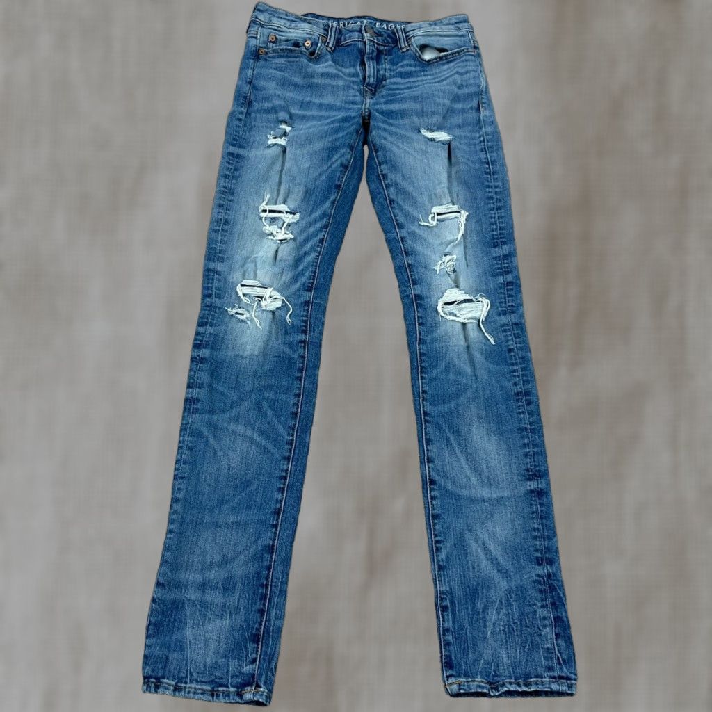 American Eagle Outfitters American Eagle Skinny Jeans Men 30x34 Med Wash Faded Whiskered Rips Holes Flex Size US 30 / EU 46 - 1 Thumbnail