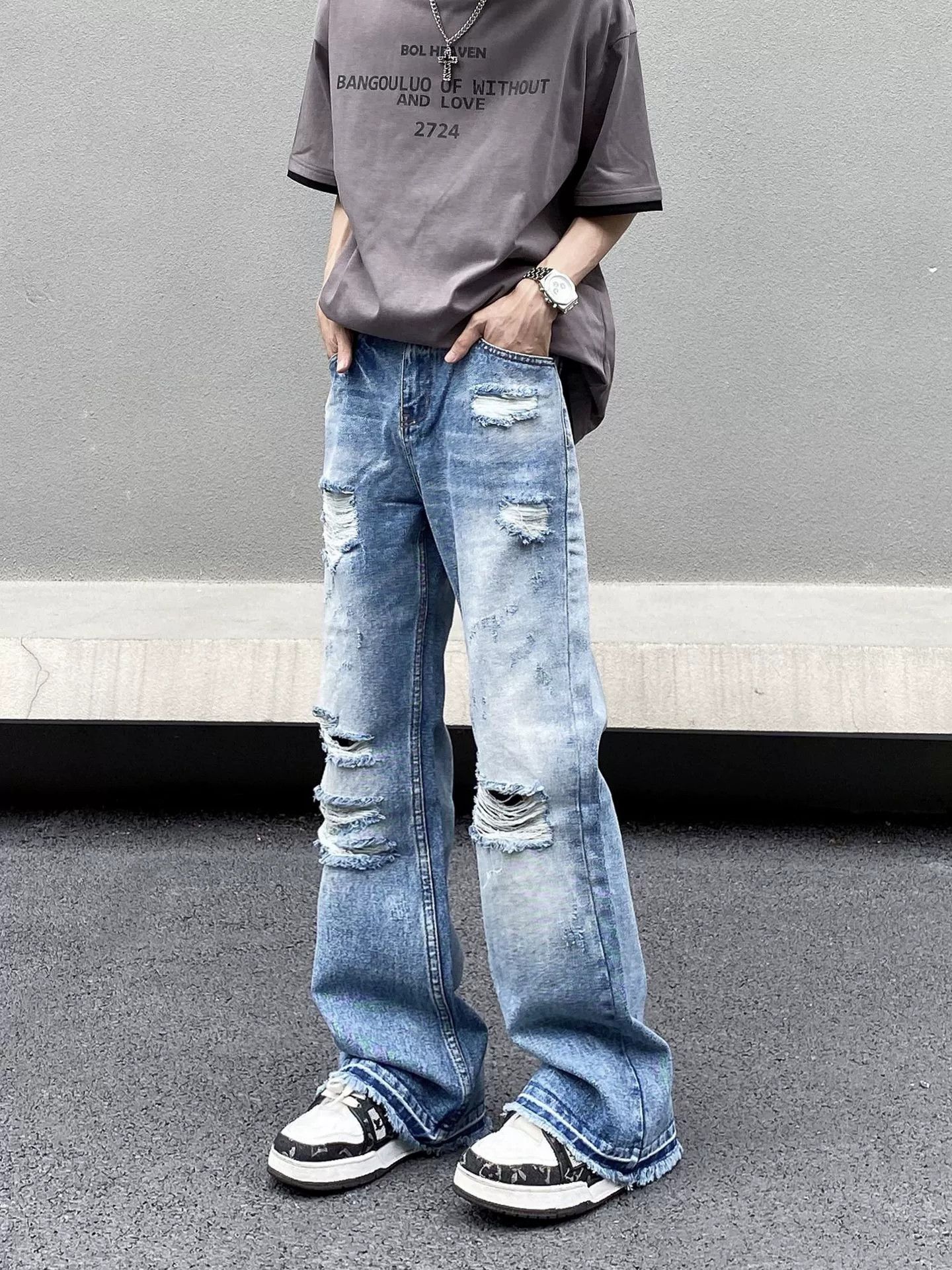 Jean Street washed men's loose straight cool flared ripped jeans Size US 32 / EU 48 - 2 Thumbnail