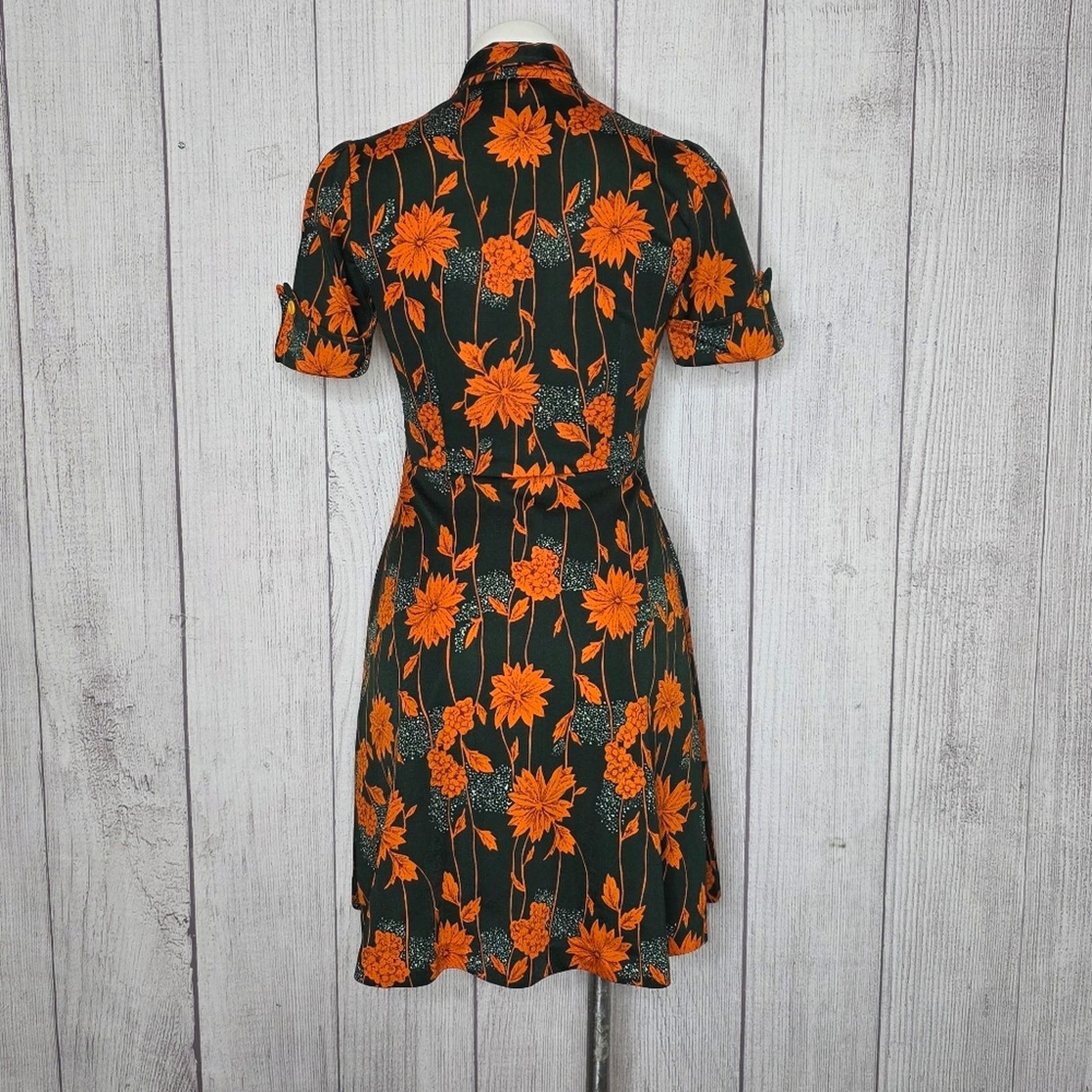 Vintage VTG 70s Dark Green & Orange Floral Button Front Dress Size S / US 4 / IT 40 - 4 Thumbnail