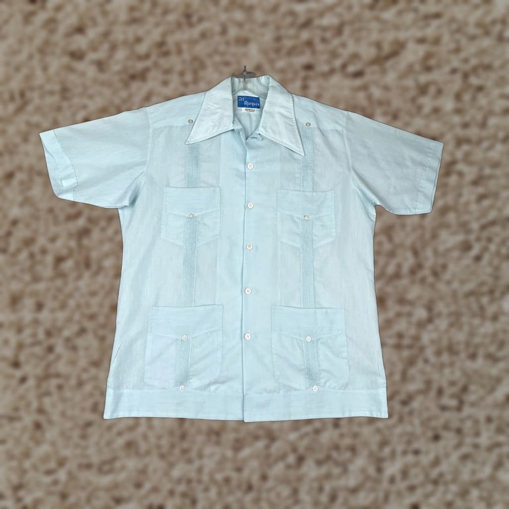 Vintage Guayabera Panamerican Shirt Men 40 Blue Short Sleeve 4 Pocket Cotton Blend Polyester Blend Button-Up Casual Vacation Aloha Beach 40 Men Size US L / EU 52-54 / 3 - 1 Thumbnail