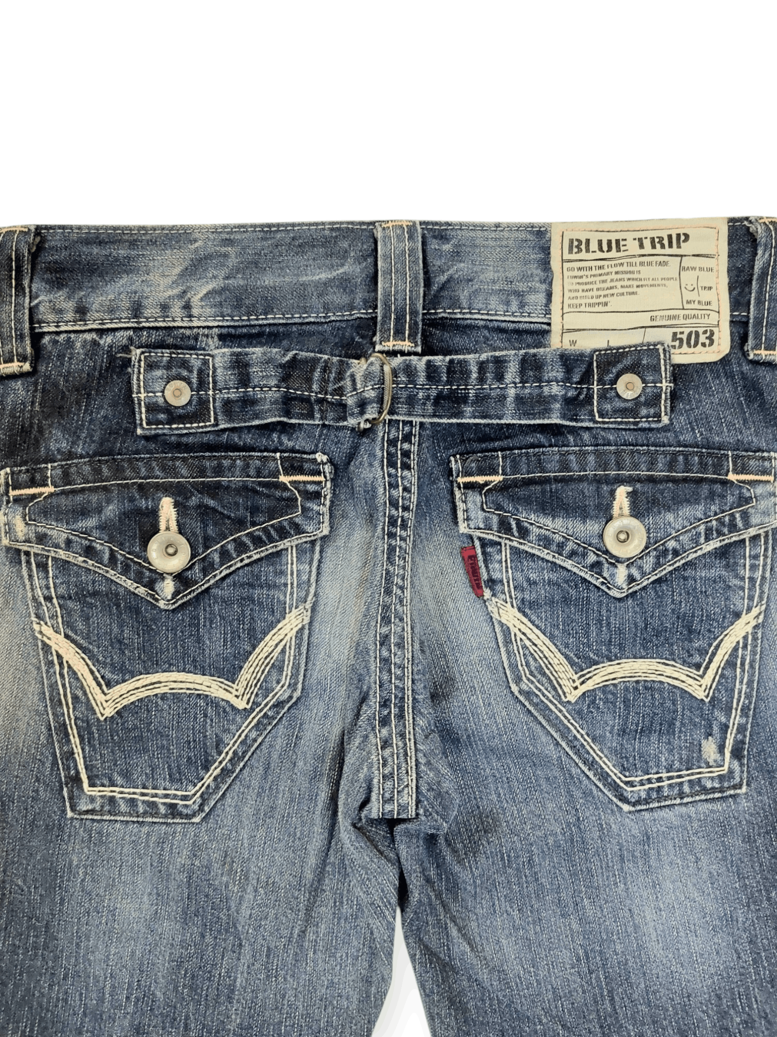 Edwin × Japanese Brand Flare Edwin 503 Blue Trip Buckle Back Denim Size 28" / US 6 / IT 42 - 13 Thumbnail