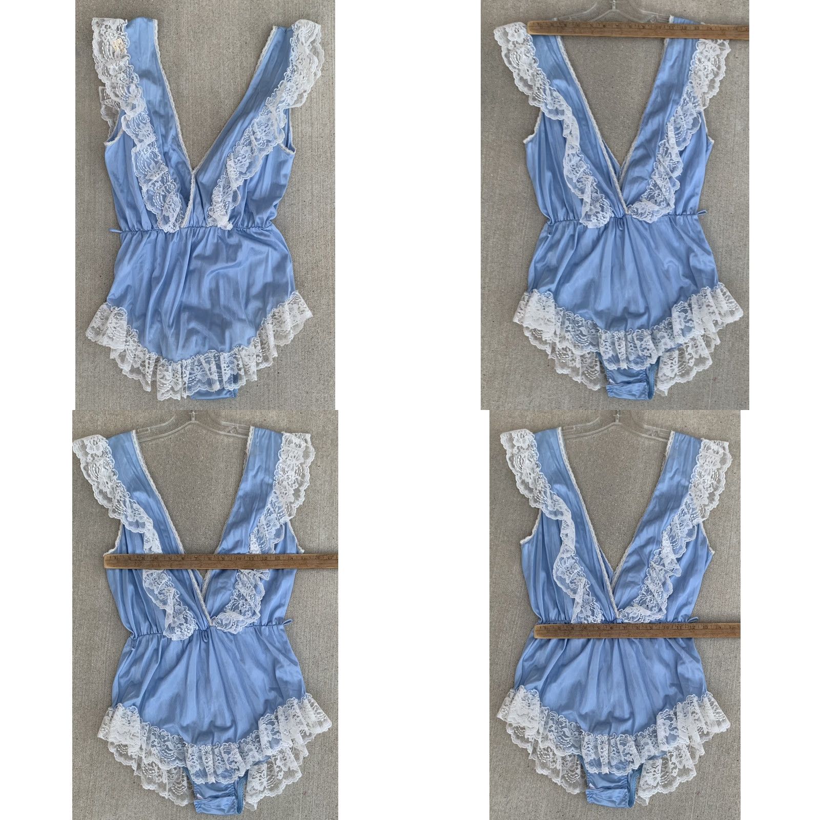 Vintage VINTAGE Flair Nylon Teddy One Piece Playsuit Romper Lace Ruffle Union Made Sz M Blue 1980s Glam Rock Flair Mens Womens Girls Boys Size 32" / US 10 / IT 46 - 10 Thumbnail