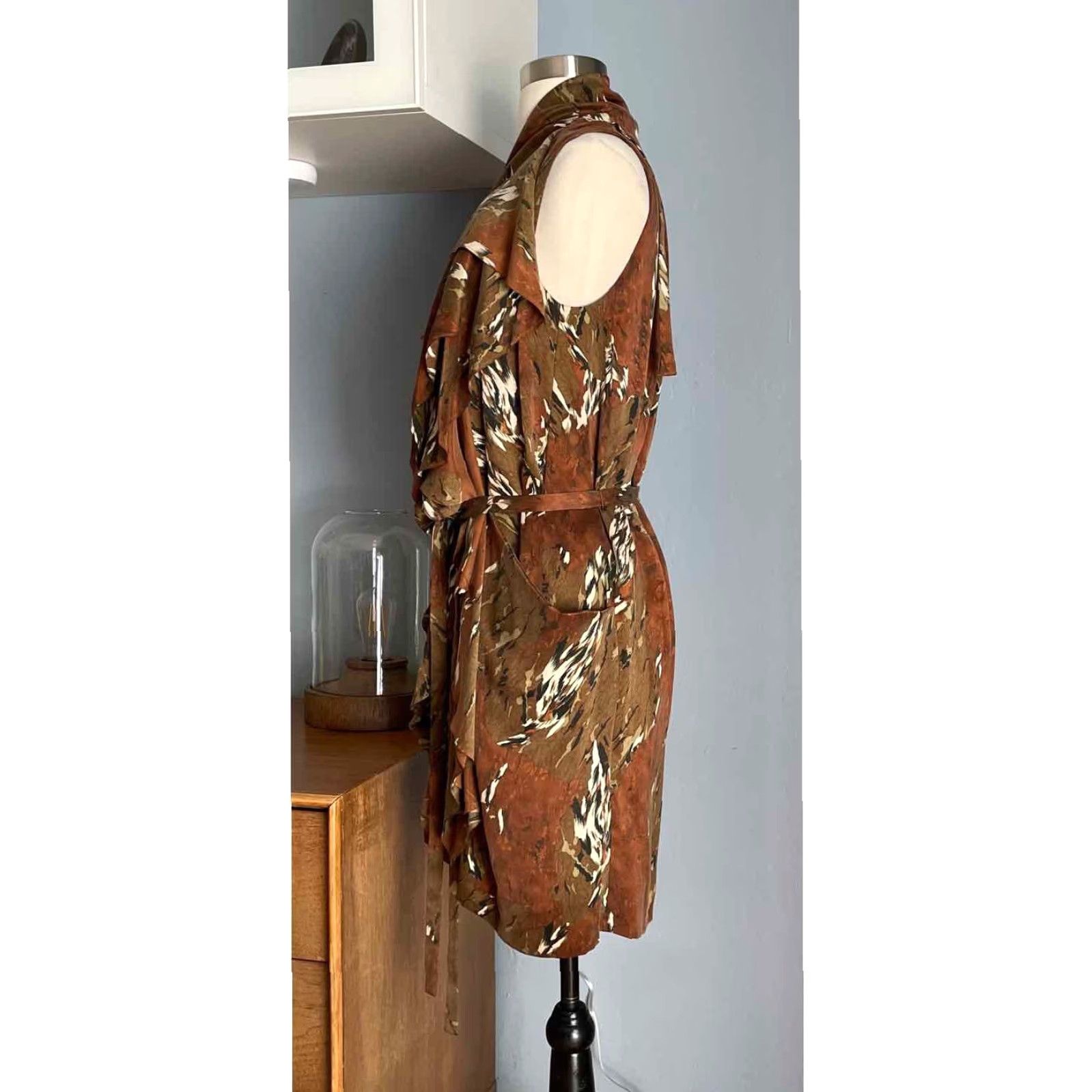 Vintage EDUN Silk Marbled Brown Green Ruffle Overlay Dress Size S Button Front Sleeveless Zip Party/Cocktail Womens Size S / US 4 / IT 40 - 4 Thumbnail