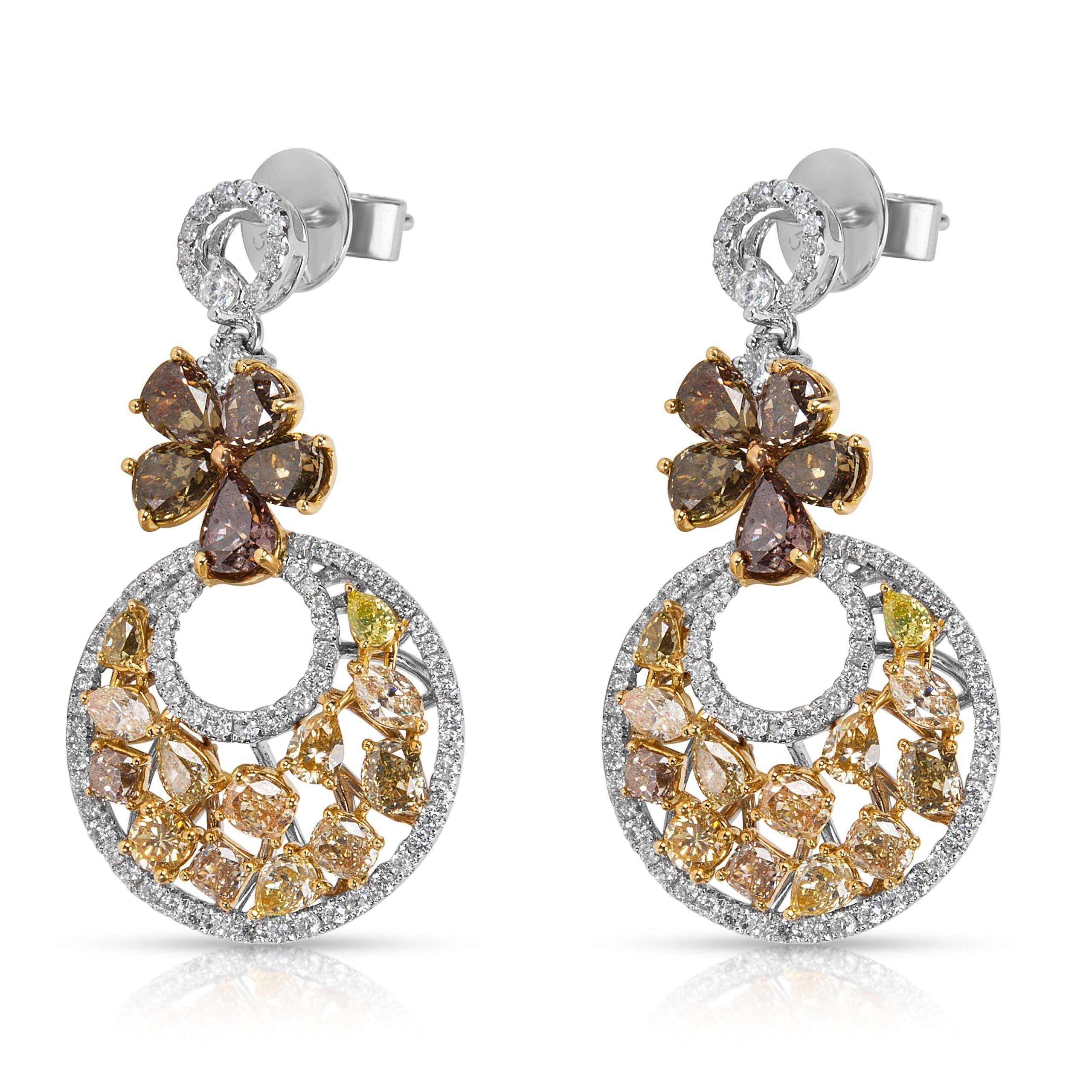 image of White & Yellow Diamond Flower Dangle Earrings In 18Kt Gold (7.12 Ctw), Women's