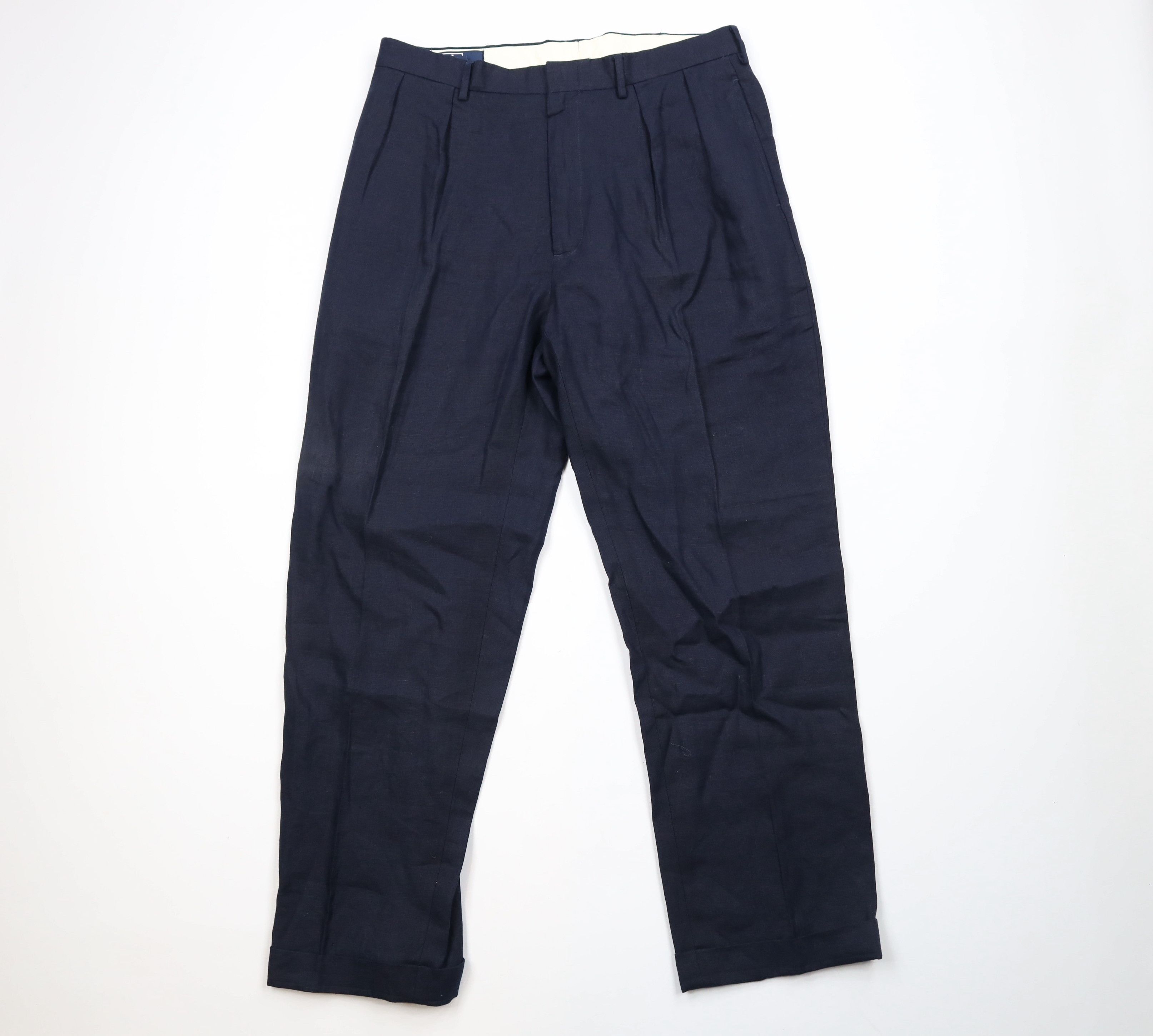 image of 90's Ralph Laurent Cuffed Linen Chino Pants Navy Blue, Men's (Size 36)