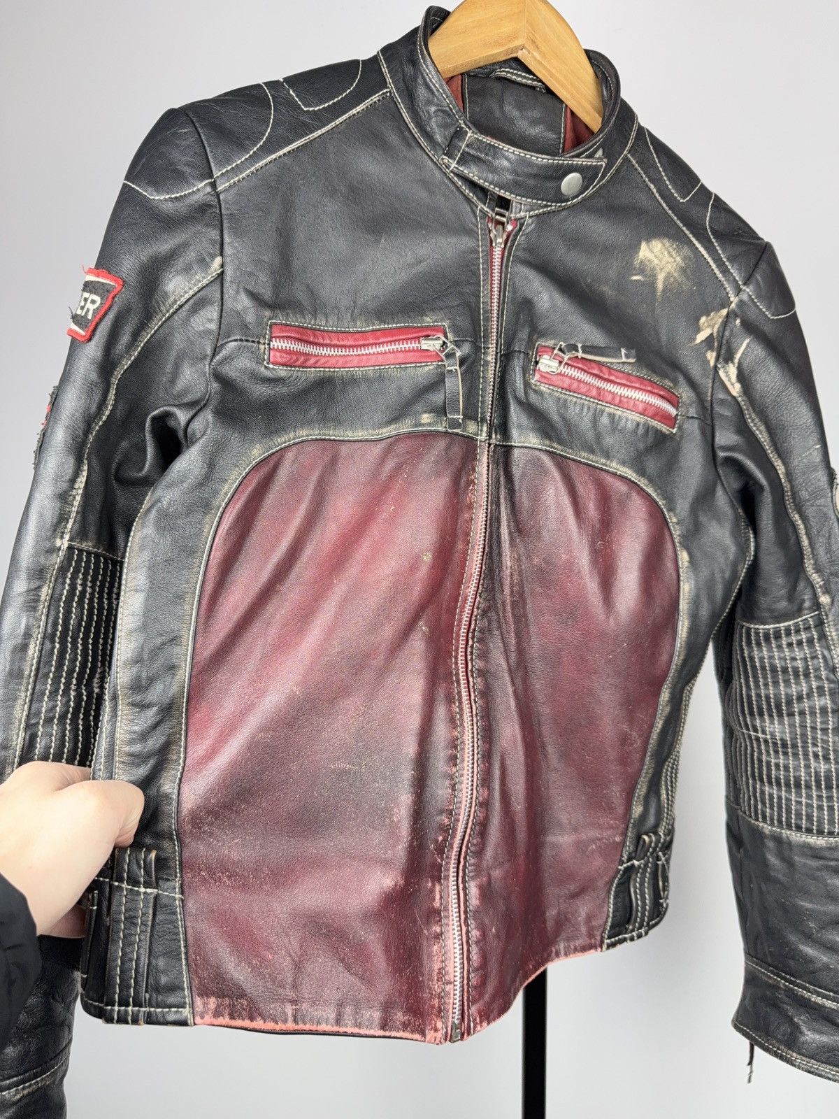 Mustang 00s Mustang Faded Leather Biker Jacket Vintage Racing Moto Size M / US 6-8 / IT 42-44 - 2 Thumbnail