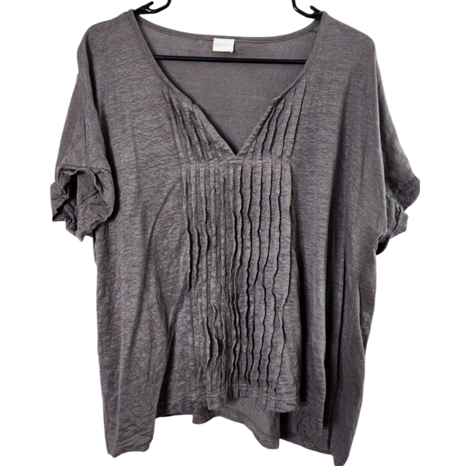 Vintage Poetry Blouse Shirt Womens 14 Short Sleeve V-Neck Pleated 100% Linen Taupe Size XL / US 12-14 / IT 48-50 - 2 Thumbnail