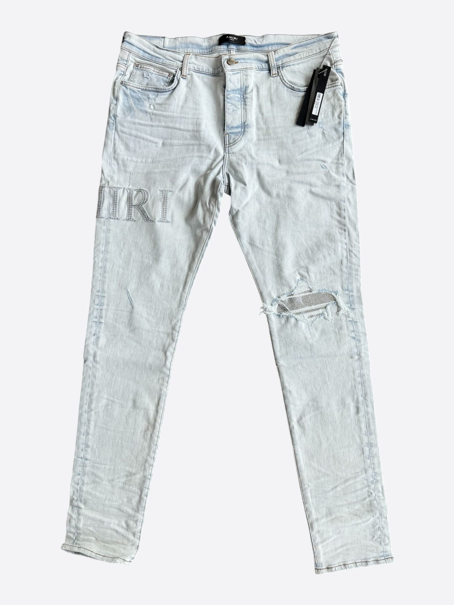 Amiri Amiri Bleached Indigo & Crystal Applique Logo Jeans Size US 33 - 1 Thumbnail
