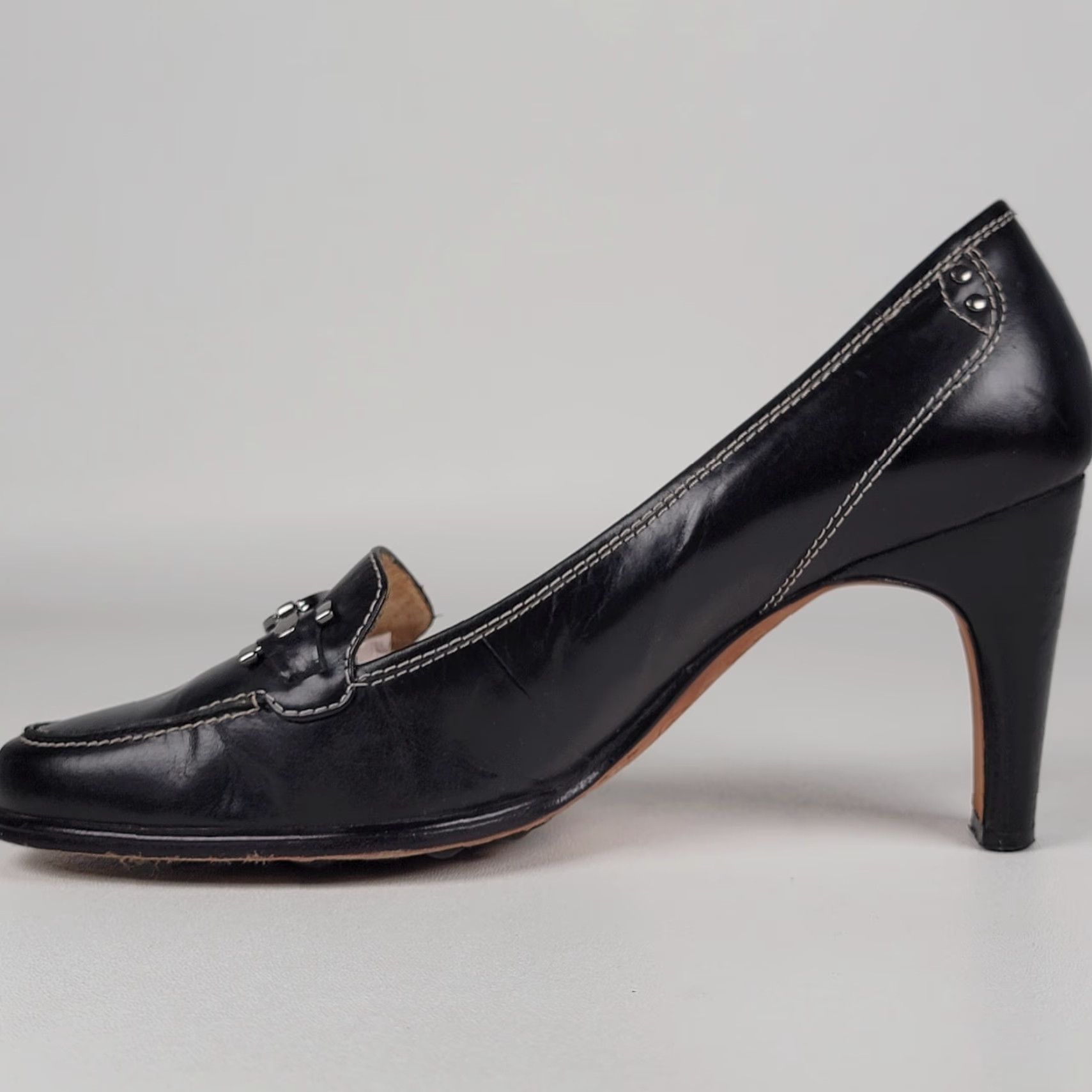 Vintage VINTAGE Circa Joan & David Black Leather CJ Gallager Loafer Heels Women 8.5 Med Heel Block Pumps Size US 11 / IT 41 - 5 Thumbnail