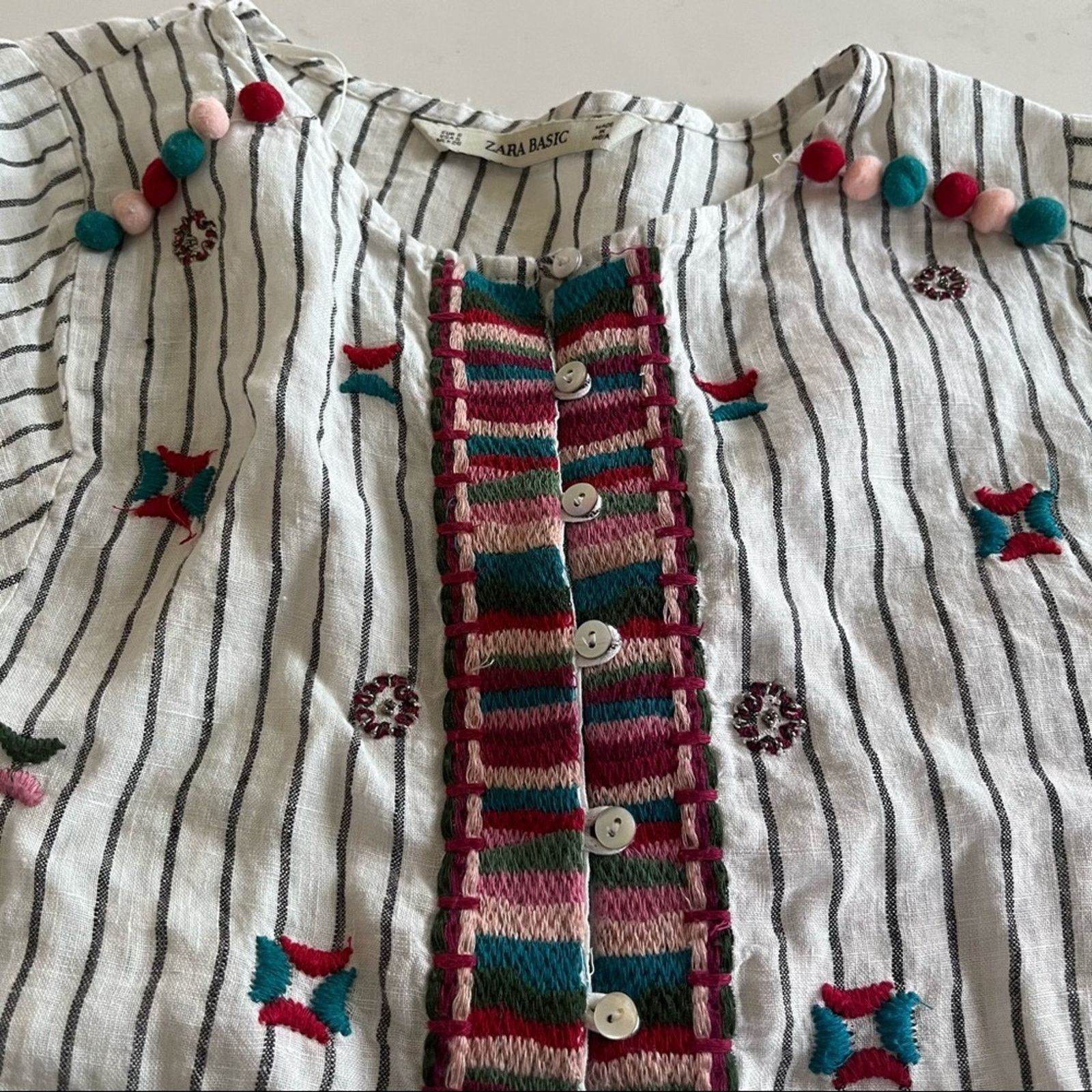 Zara Zara Embroidered Linen Pompom Peplum Top Striped Boho Size S / US 4 / IT 40 - 6 Thumbnail