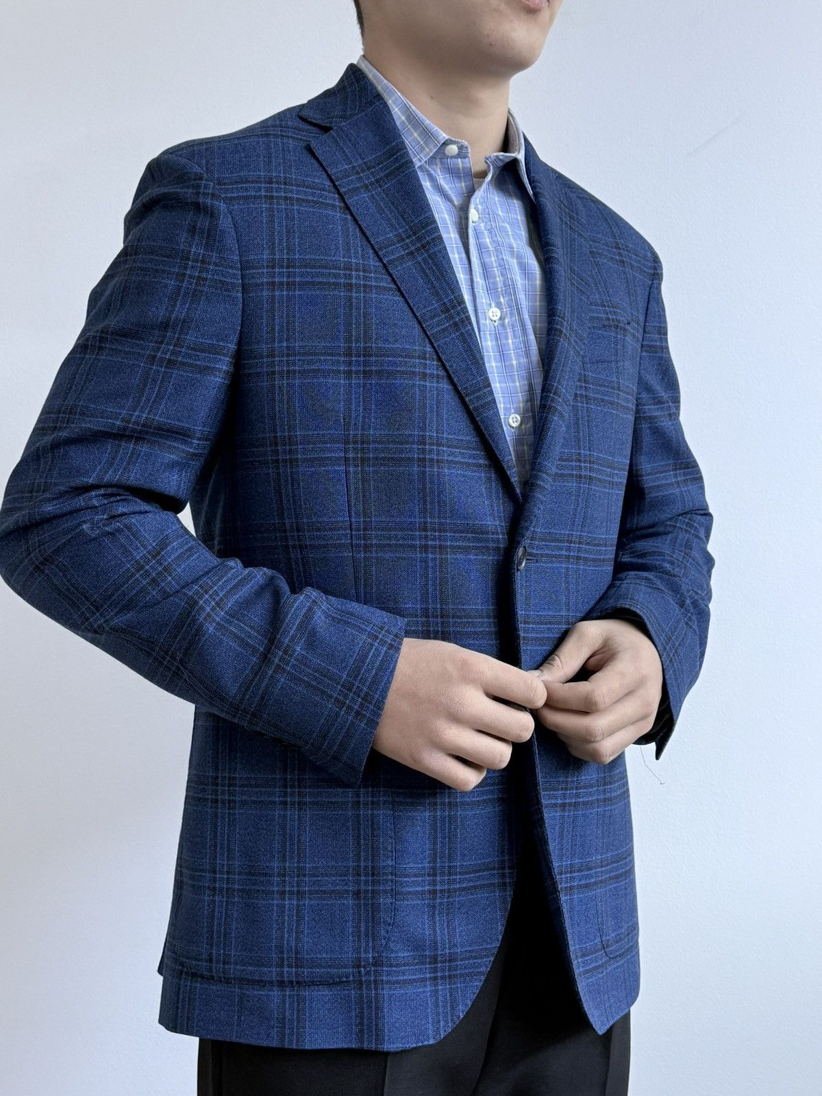 Boggi Boggi Milano Wool Drago 130s Navy Blue Plaid Blazer Jacket Size 42R - 2 Thumbnail