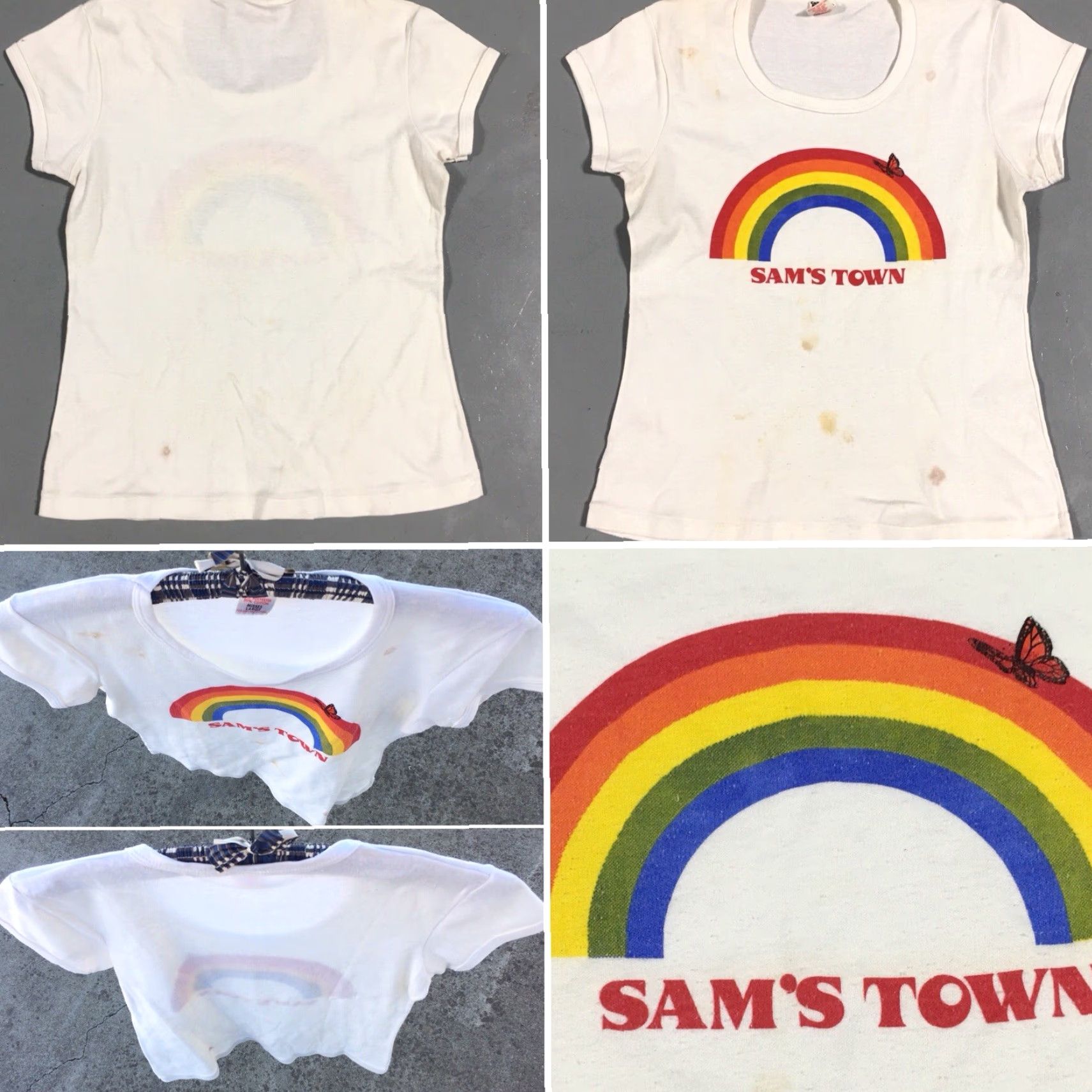 Rainbow VINTAGE SAMS TOWN Rainbow Butterfly T Shirt 70s 80s Misses Large Worn Stained Shirt Mens Women Girls Boys Size L / US 10 / IT 46 - 6 Thumbnail