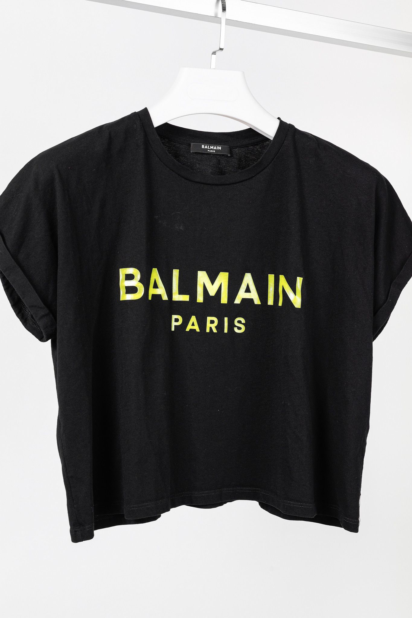 Balmain Balmain Black Cotton Cropped Lime-Logo-Print T-Shirt Size L / US 10 / IT 46 - 3 Thumbnail