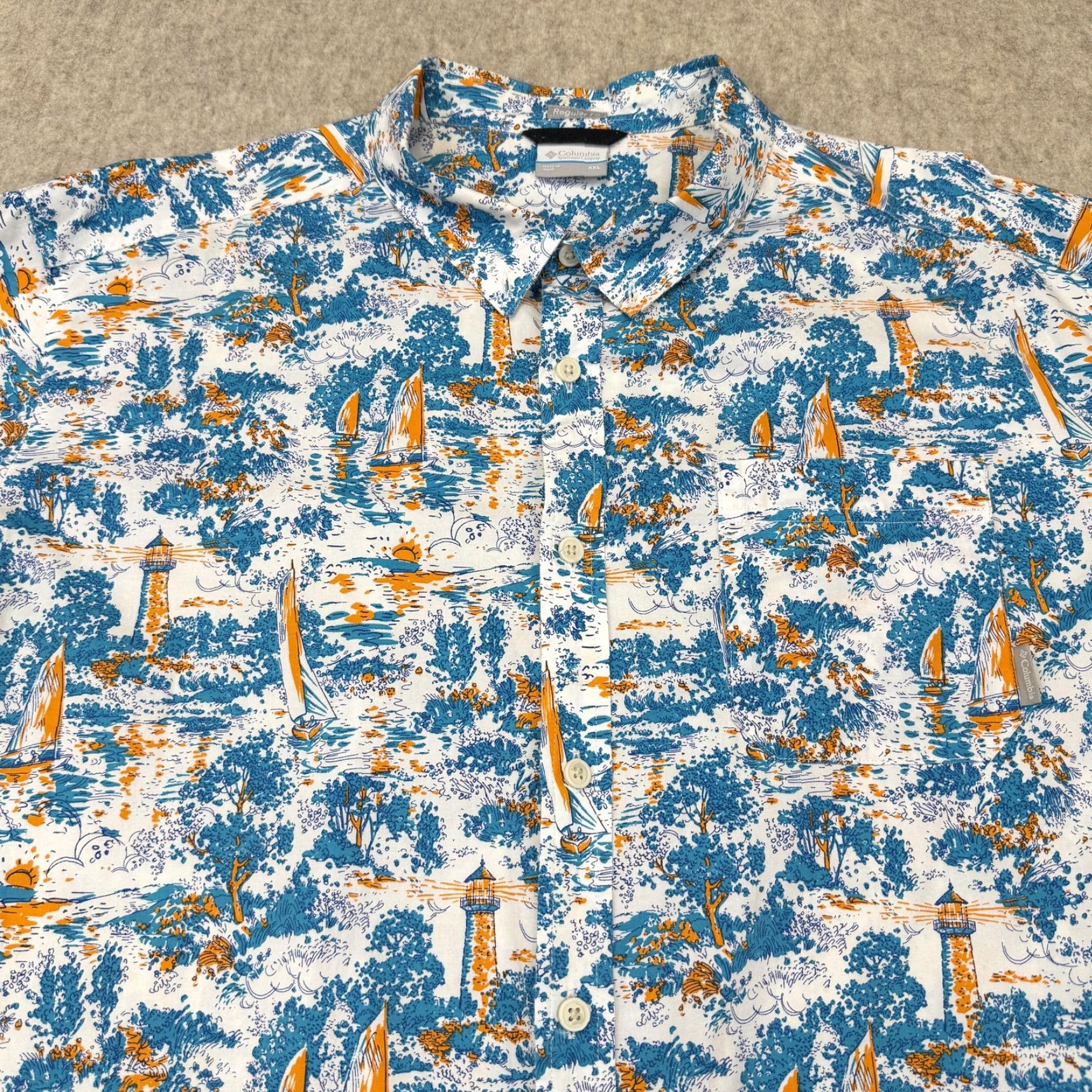 Nautica Columbia Shirt Mens 2XL Blue Nautical Sailboat Lighthouse Short Sleeve Button Up Size US XXL / EU 58 / 5 - 2 Thumbnail