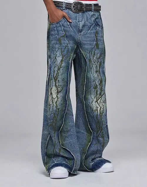 VIBE Water Ripple Heavy Duty Washed Distressed Jeans Size US 32 / EU 48 - 1 Thumbnail