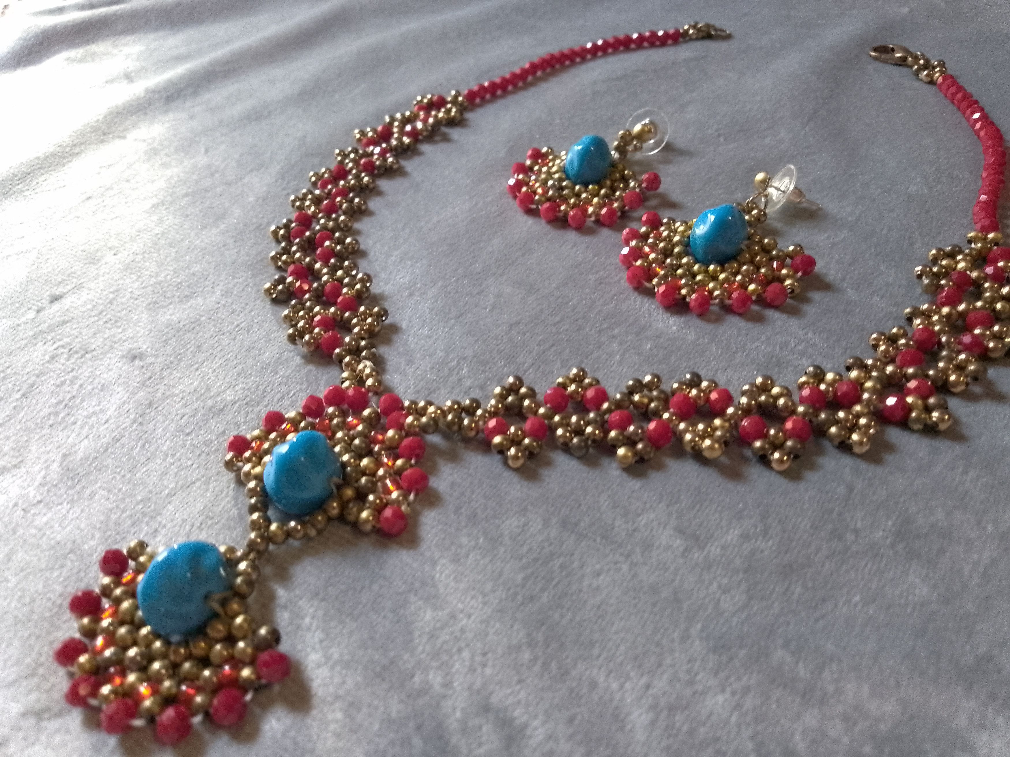 Handmade Necklace Earrings Vintage. Red crystals Blue resin. Pendant Size ONE SIZE - 8 Thumbnail