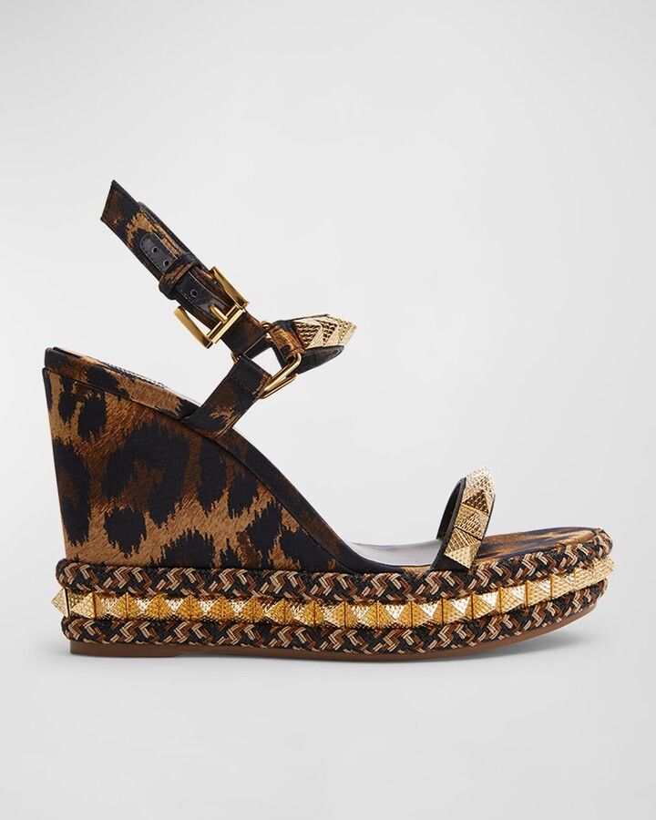 image of Christian Louboutin Os11X0124 Pyraclou 100Mm Leopard Wedge Sandals In Brown, Women's (Size 9)