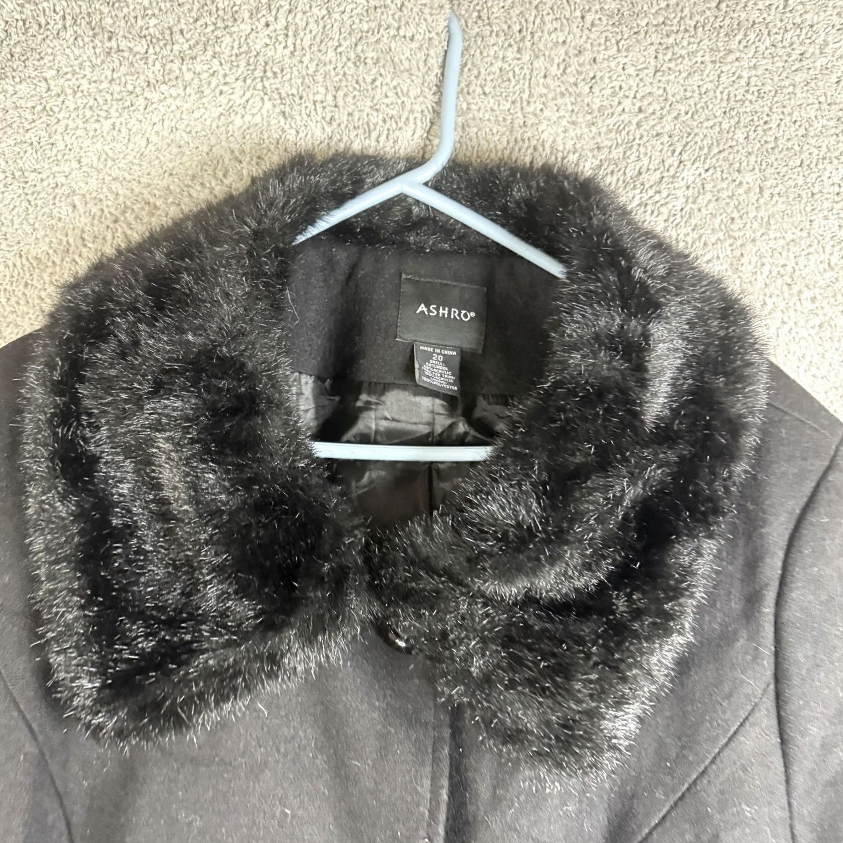 Vintage Ashro Coat Womens 20 Black Wool Overcoat Faux Fur Trim Long Lined Pockets Size 3XL / US 20-22 - 3 Thumbnail