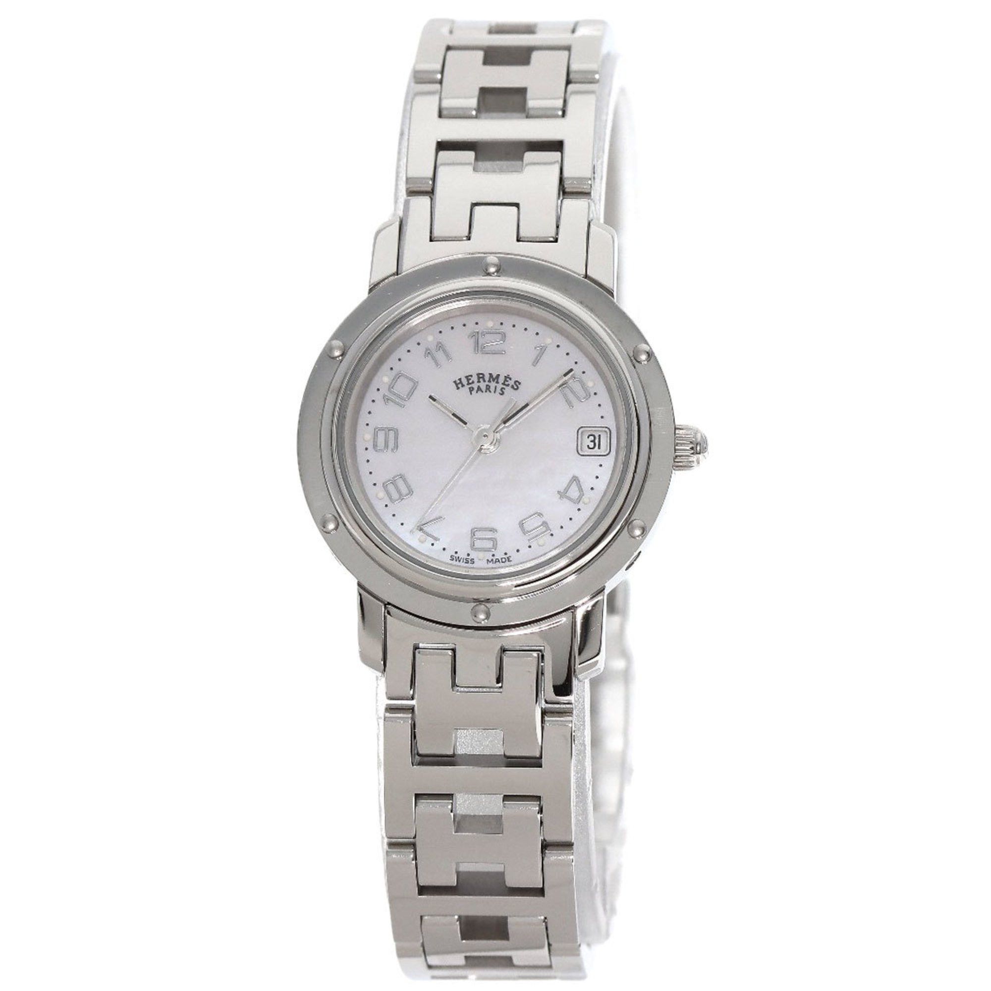 image of Hermes Cl4.210 Clipper Nacle Watch Stainless Steel Ss Ladies Hermes in White Shell, Women's