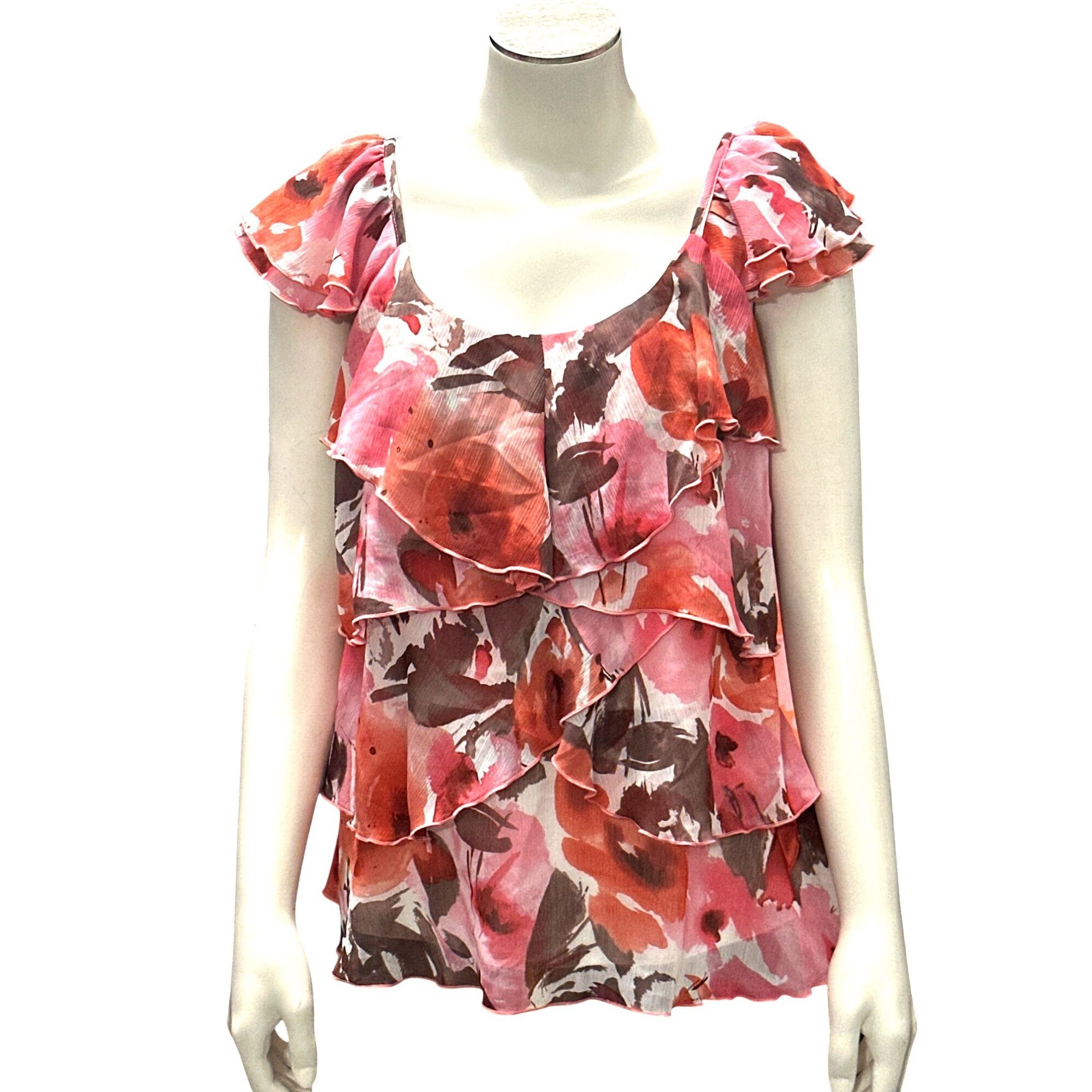 Other AGB Small East Hamptons Ruffle Blouse Pink Coral Floral Laye Size S / US 4 / IT 40 - 2 Thumbnail