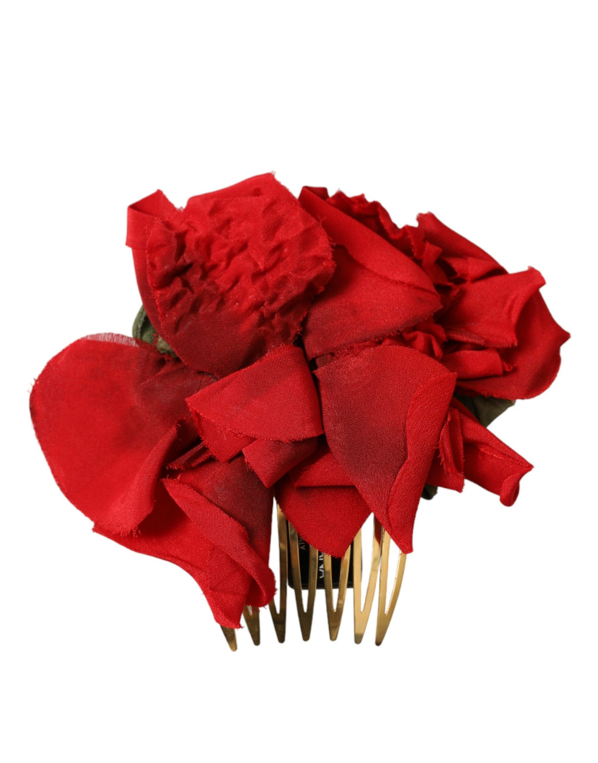 Red Silk Floral Gold Brass Women Hair Women's Comb