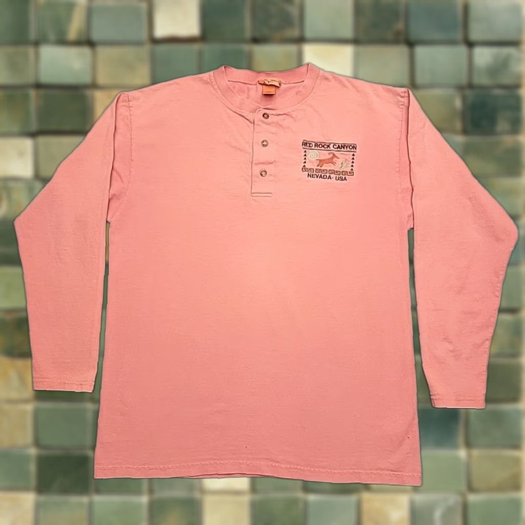 Vintage VINTAGE Pink Embroidered Henley Shirt Men M Nevada Rock Canyon TEE Size US M / EU 48-50 / 2 - 1 Thumbnail