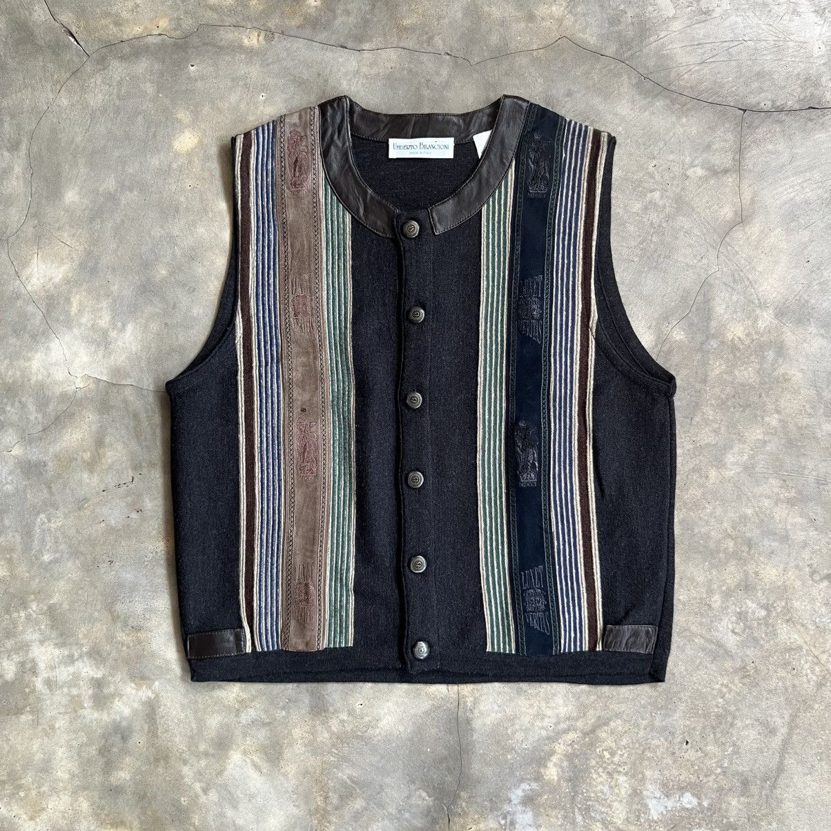 Coogi Vintage 1990s Umberto Bilancioni Vest Leather Round Knitwear Size US M / EU 48-50 / 2 - 1 Thumbnail