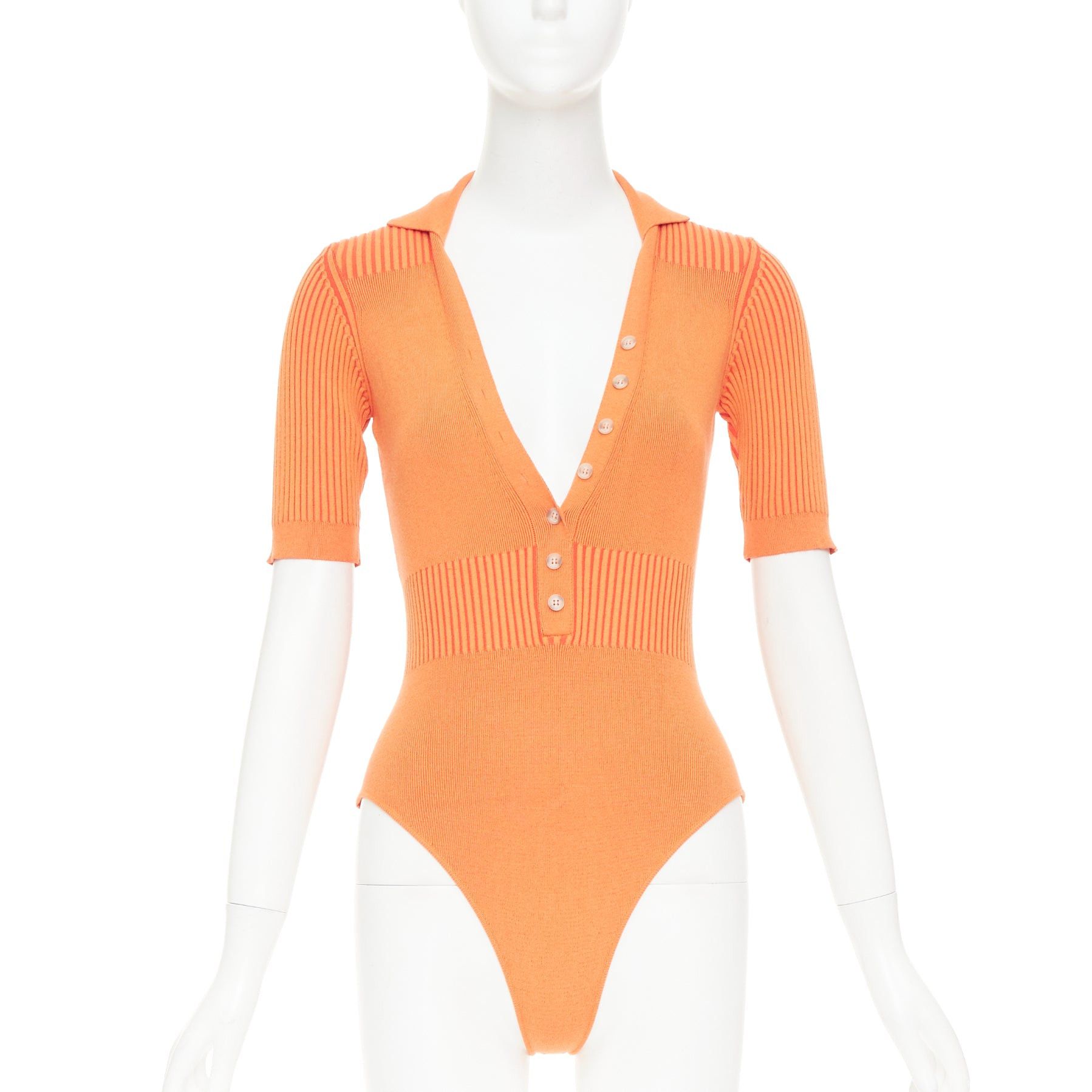 Jacquemus JACQUEMUS Le Body Yauco orange ribbed knit plunge polo bodysuit top FR36 S Size S / US 4 / IT 40 - 1 Thumbnail