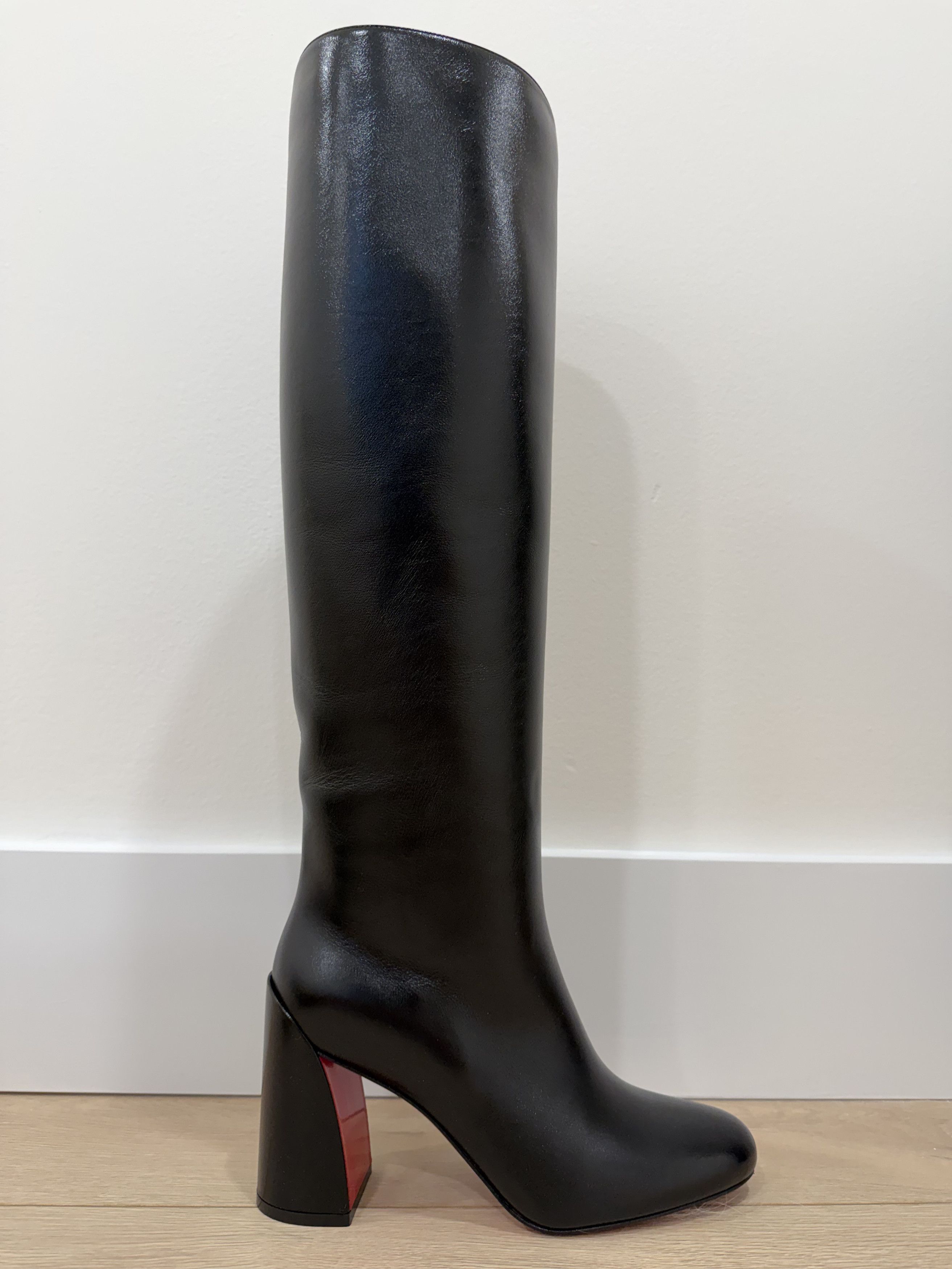 Janitta 85 Black Leather Knee High Block Heel Boot 38.5