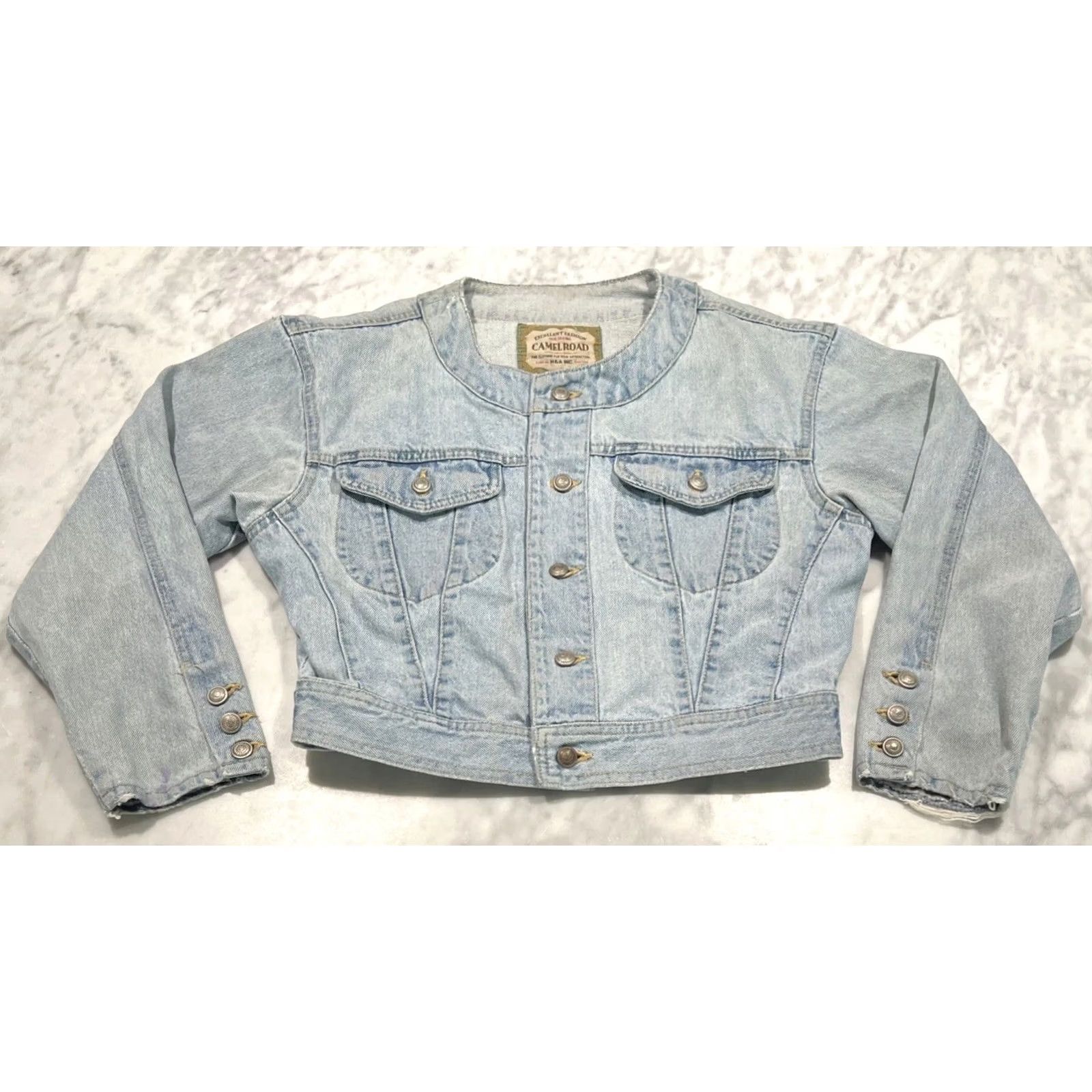 Denime VINTAGE Camel Road Denim Jacket Women’s M Short Trucker Faded Japanese Thrashed Biker 90s Pockets Size 32" / US 10 / IT 46 - 2 Thumbnail