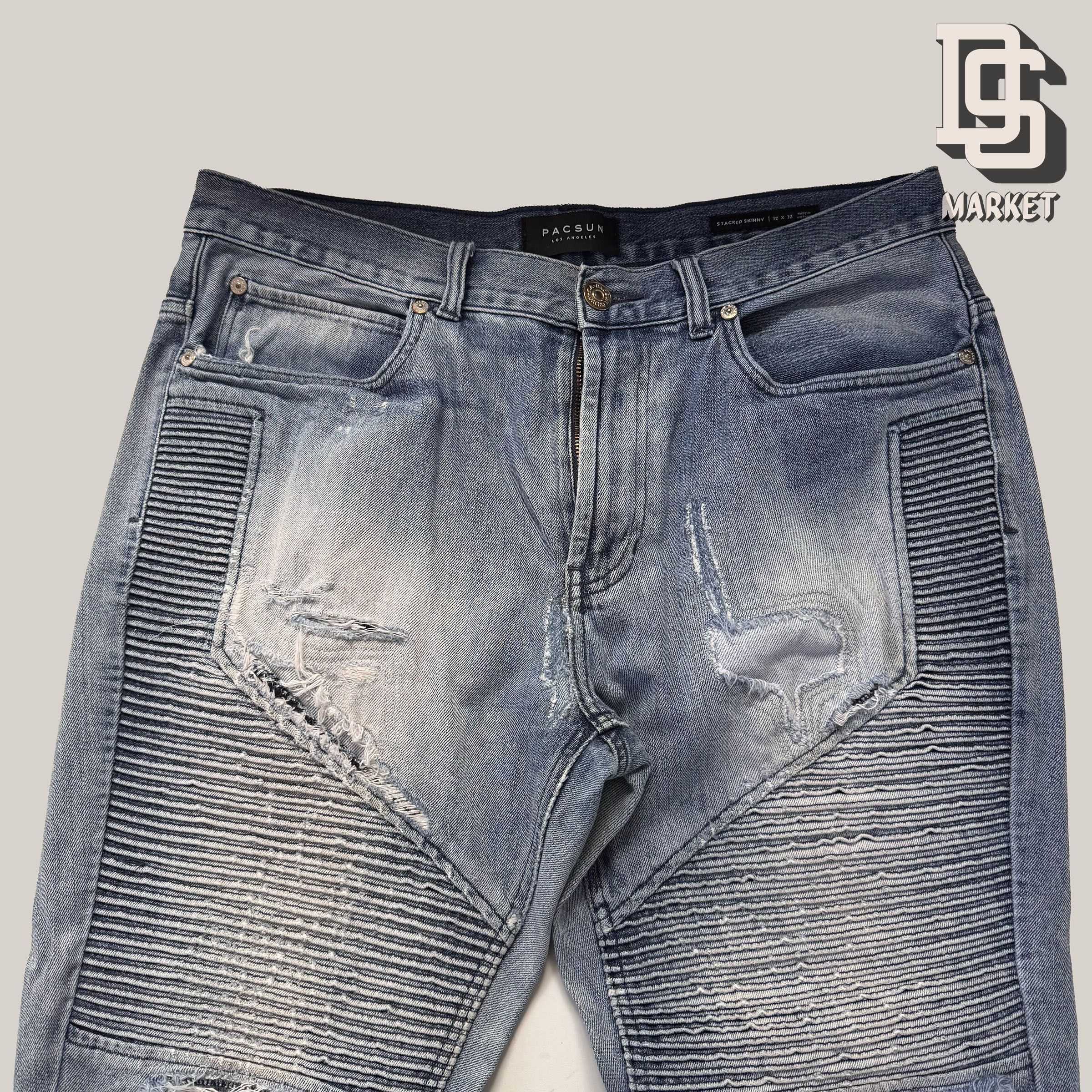 Pacsun PACSUN STACKED SKINNY DISTRESSED BIKER JEANS 32 X 32 BLUE Size US 32 / EU 48 - 2 Thumbnail