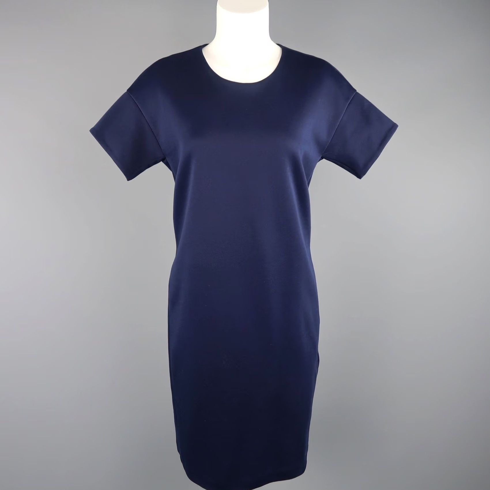 Jil Sander JIL SANDER Size M Navy Cotton Polyester Jersey Short Sleeve Belted Shift Dress Size M / US 6-8 / IT 42-44 - 2 Thumbnail