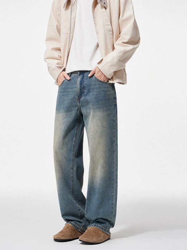 Japanese Brand Men's American Retro Washed Distressed Wide-Leg Loose Jeans Size US 32 / EU 48 - 2 Thumbnail
