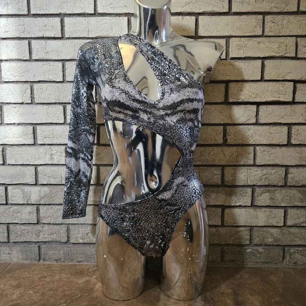 Designer Black Silver EL Long Sleeve Bodysuit Size ONE SIZE - 1 Thumbnail