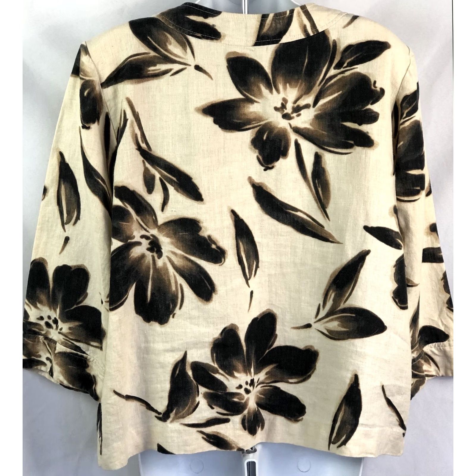 JM Collection JM Collection Linen Top Blouse 16 Brown Floral 3/4 Sleeve Round Neck Casual Workwear Boho Fairy Womens Size XXL / US 16-18 / IT 52-54 - 4 Thumbnail