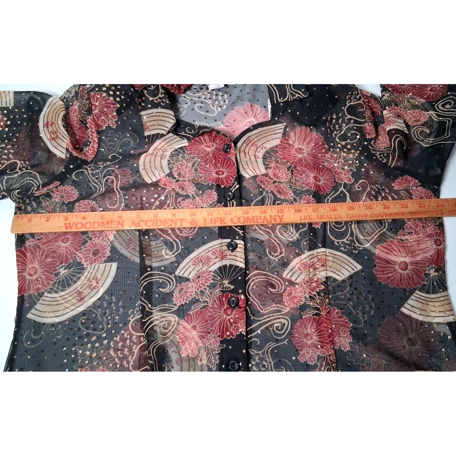 Vintage VINTAGE Dressbarn Blouse Plus Size 18/20 Sheer Black Metallic Gold Floral Bell Sleeve Size XXL / US 16-18 / IT 52-54 - 6 Thumbnail