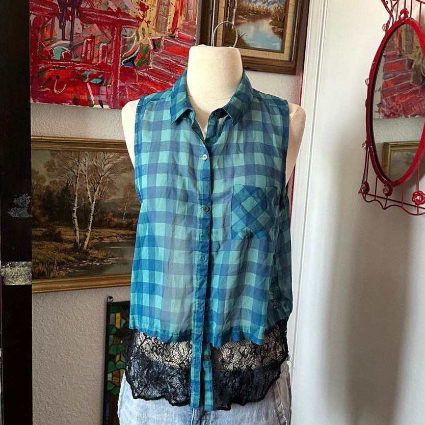 Other dream out loud blue green black lace checkered blouse Size XL / US 12-14 / IT 48-50 - 1 Thumbnail