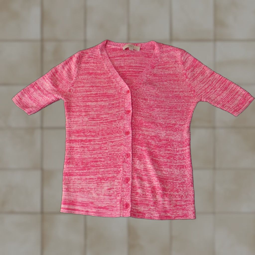 Loft LOFT Cardigan Shirt Womens Medium Pink Cotton Viscose Stretch Button Knit Rib Crew Neck Pullover Casual Modern Regular Size M / US 6-8 / IT 42-44 - 1 Thumbnail