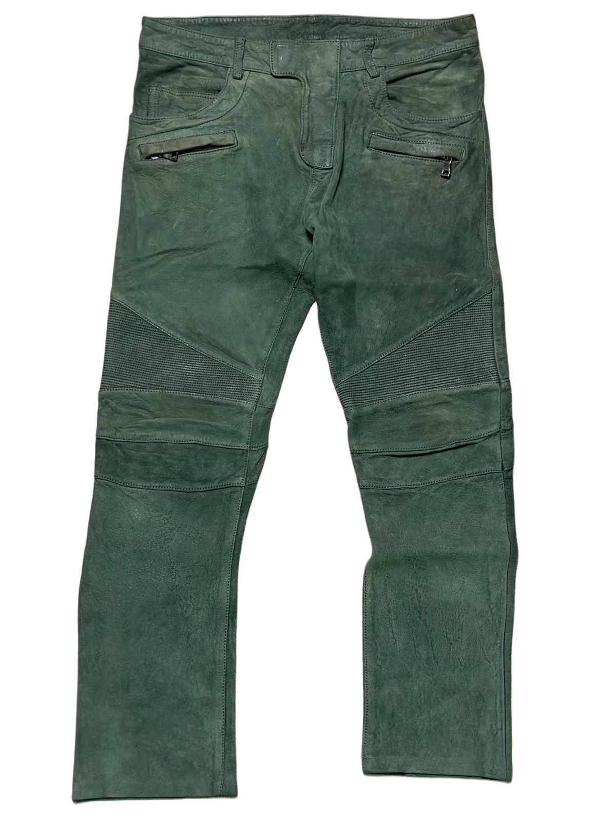 Balmain FW12 Forest Green Lambskin Biker Pants Decarnin-Era