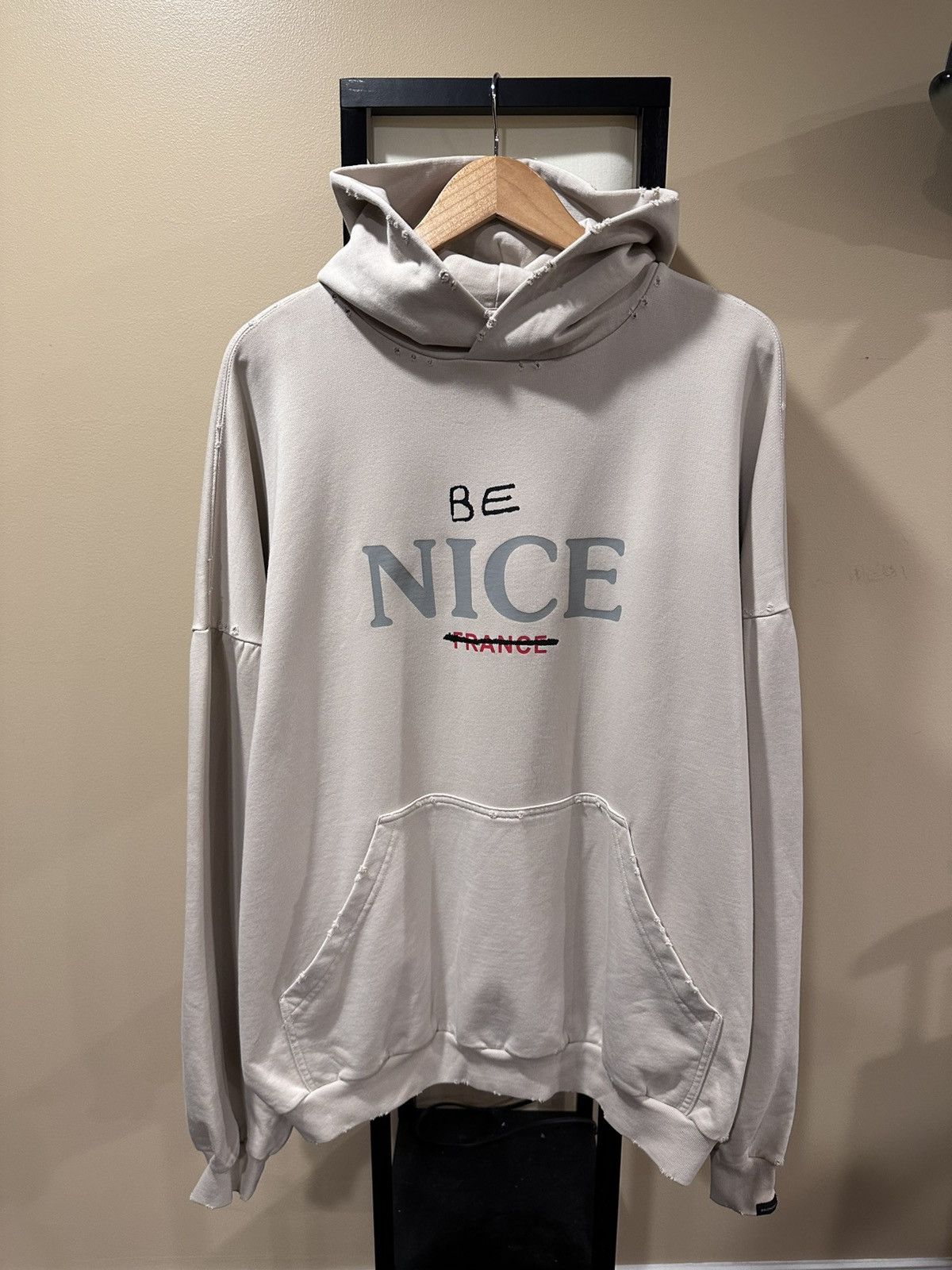 Balenciaga Balenciaga “Be Nice” Light Biege 2023 Distressed Hoodie Size US XL / EU 56 / 4 - 1 Thumbnail