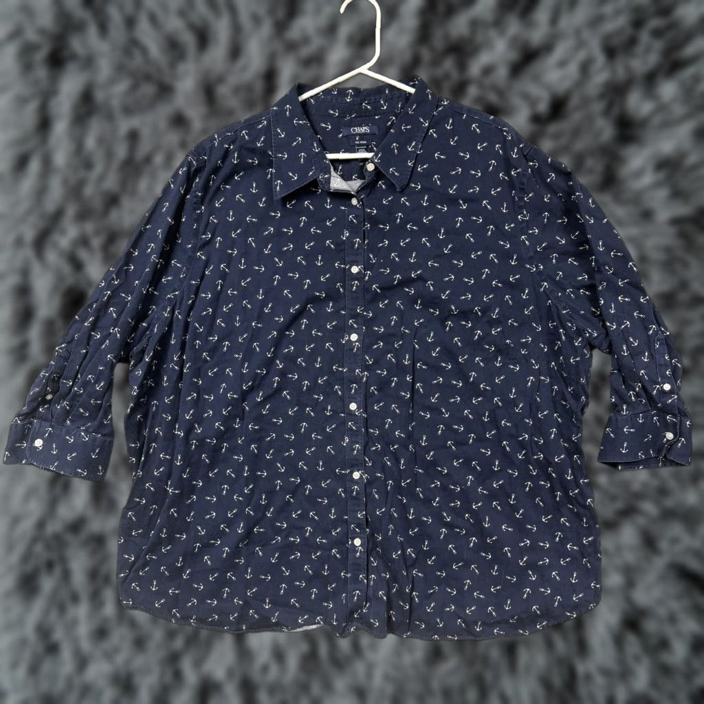 Chaps Chaps Shirt 3X Plus Blue Button-Up Cotton Nautical Anchor Graphic Print Non-Iron Casual Resort Coastal Preppy Layering Womens Size XXL / US 16-18 / IT 52-54 - 1 Thumbnail