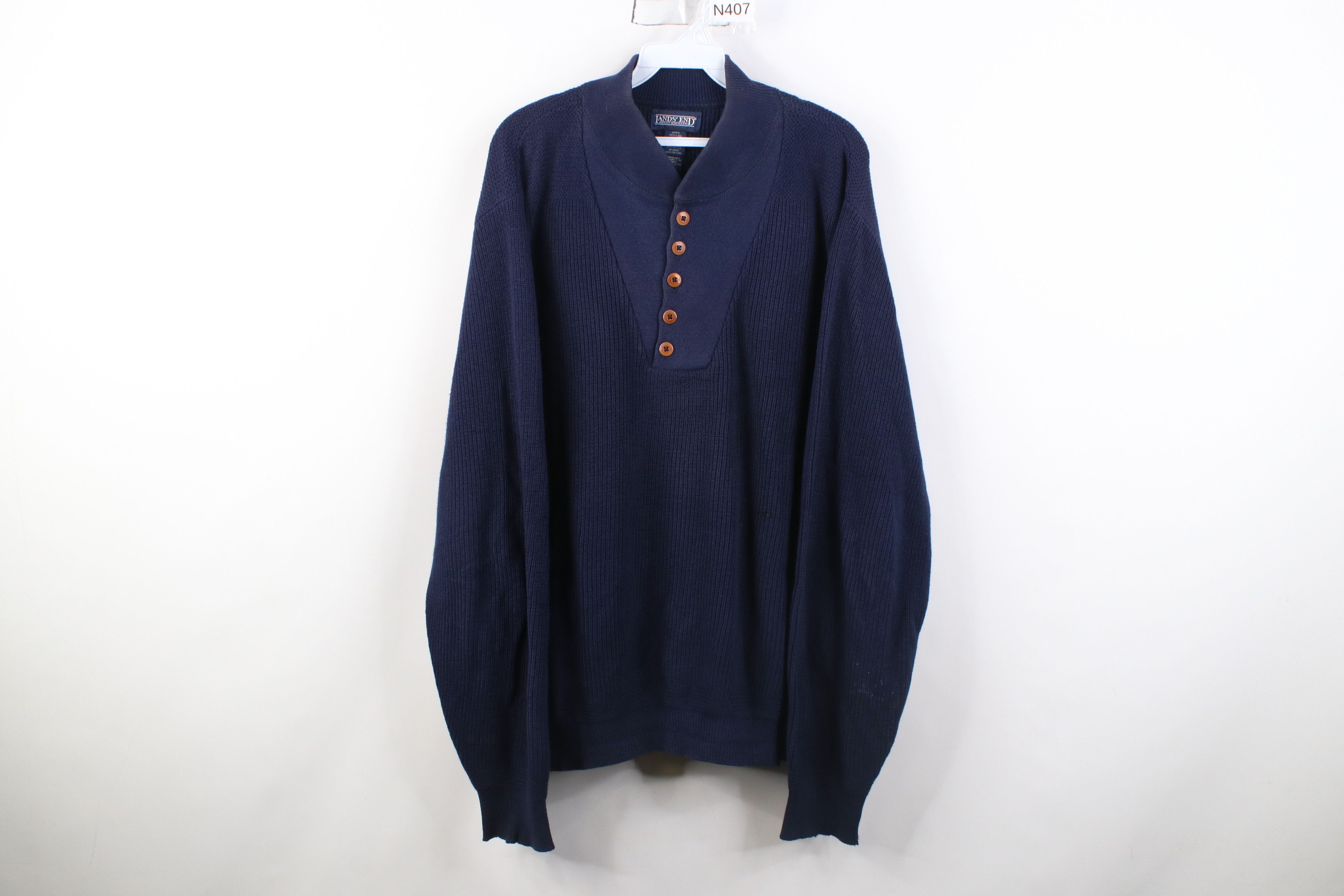 Lands' End Vintage 90s Lands End Cotton Ribbed Knit Henley Sweater USA Size US L / EU 52-54 / 3 - 1 Thumbnail