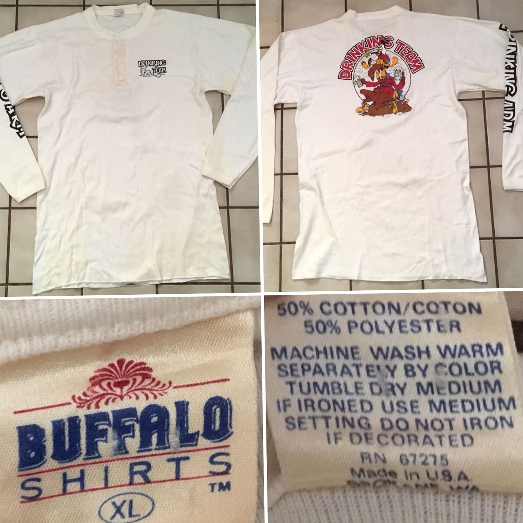 Vintage VINTAGE Buffalo Shirts T-Shirt DrinkING Team Drinking Arm Graphics Henley XL Ivory Men 80s Graphic Tee Size US XL / EU 56 / 4 - 7 Thumbnail