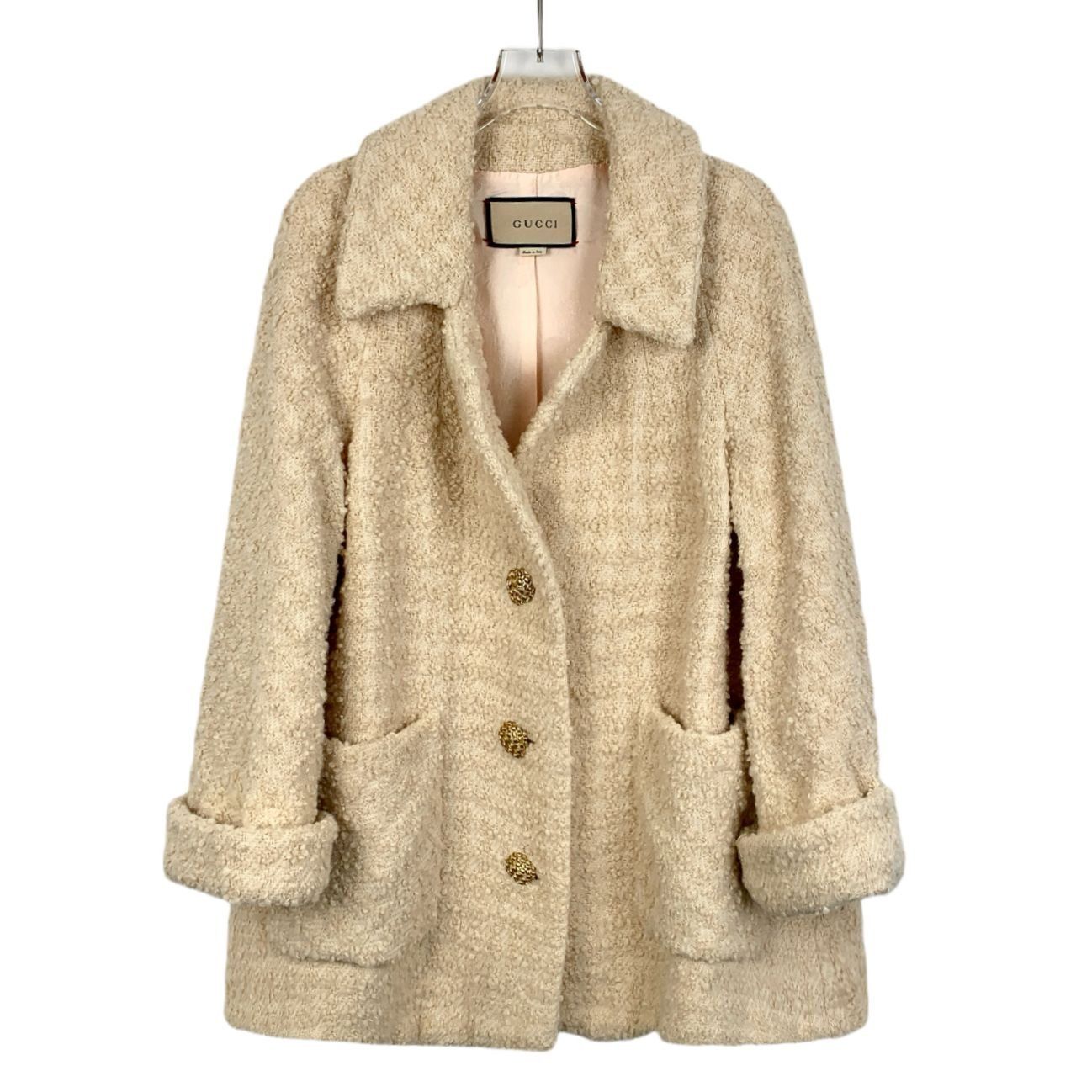 Gucci Womens Beige Tweed Wool Blend Coat W/ Gold Buttons Siz