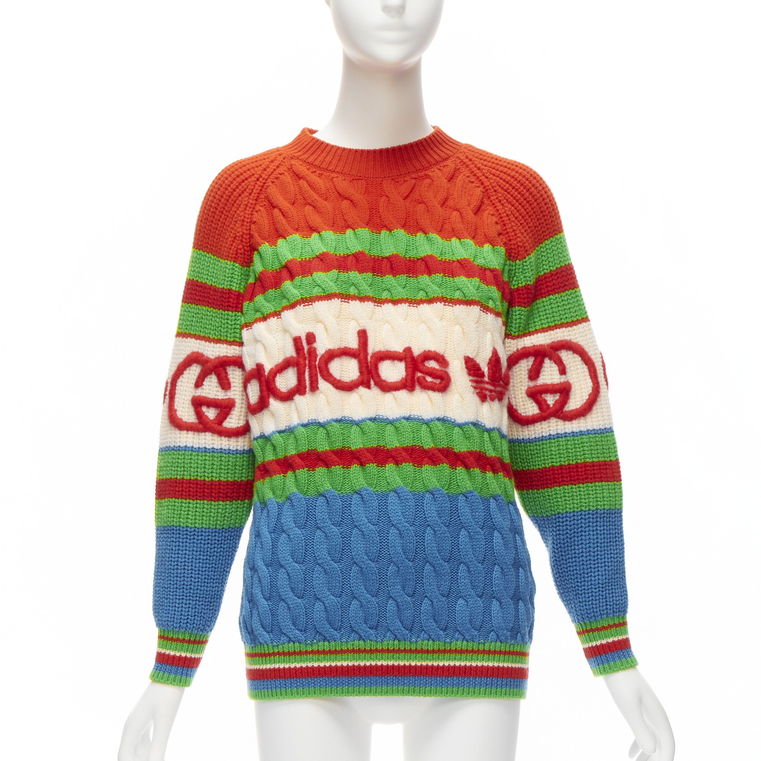 Gucci GUCCI ADIDAS 2022 100% wool red green 3D logo embroidery cable sweater XXS Size XXS / US 00 / IT 34 - 1 Thumbnail