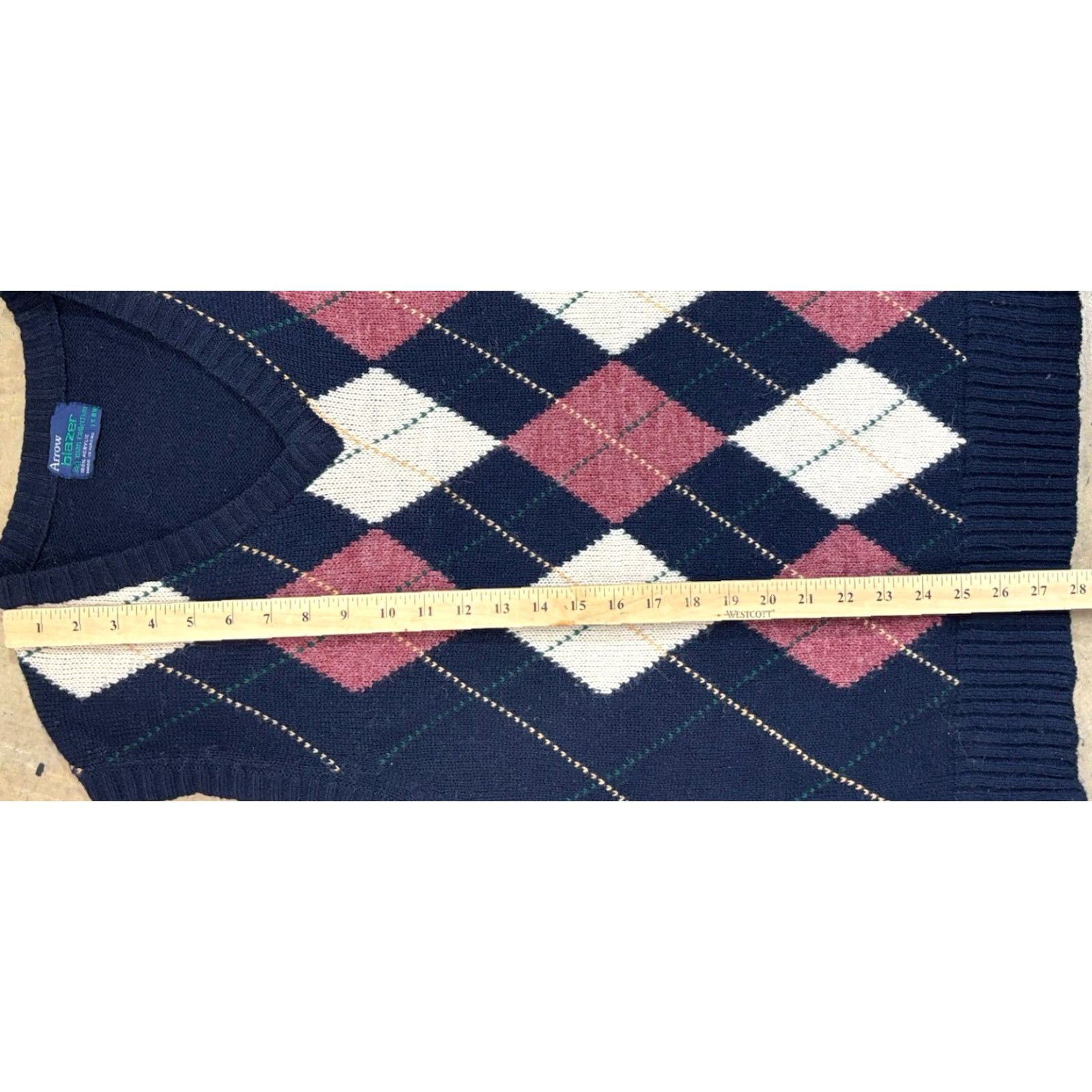 Arrow VINTAGE Arrow Argyle Sweater Vest XL Mens Navy Sleeveless 80s Academia V-Neck Knitt Shirt? Size US XL / EU 56 / 4 - 6 Thumbnail