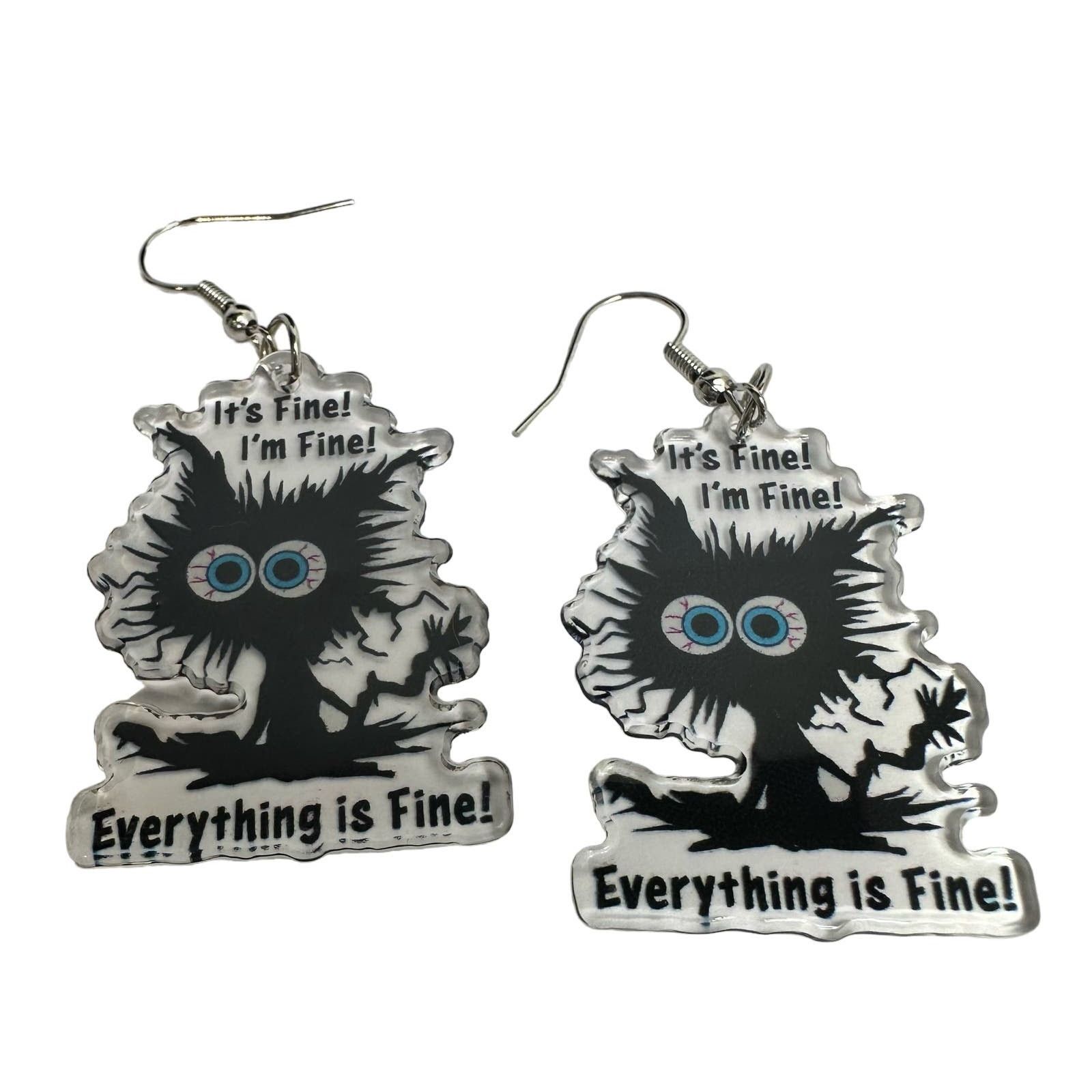 Handmade Black Cat Freaking Out Its Fine Everything is Fine Earrings Size ONE SIZE - 1 Thumbnail